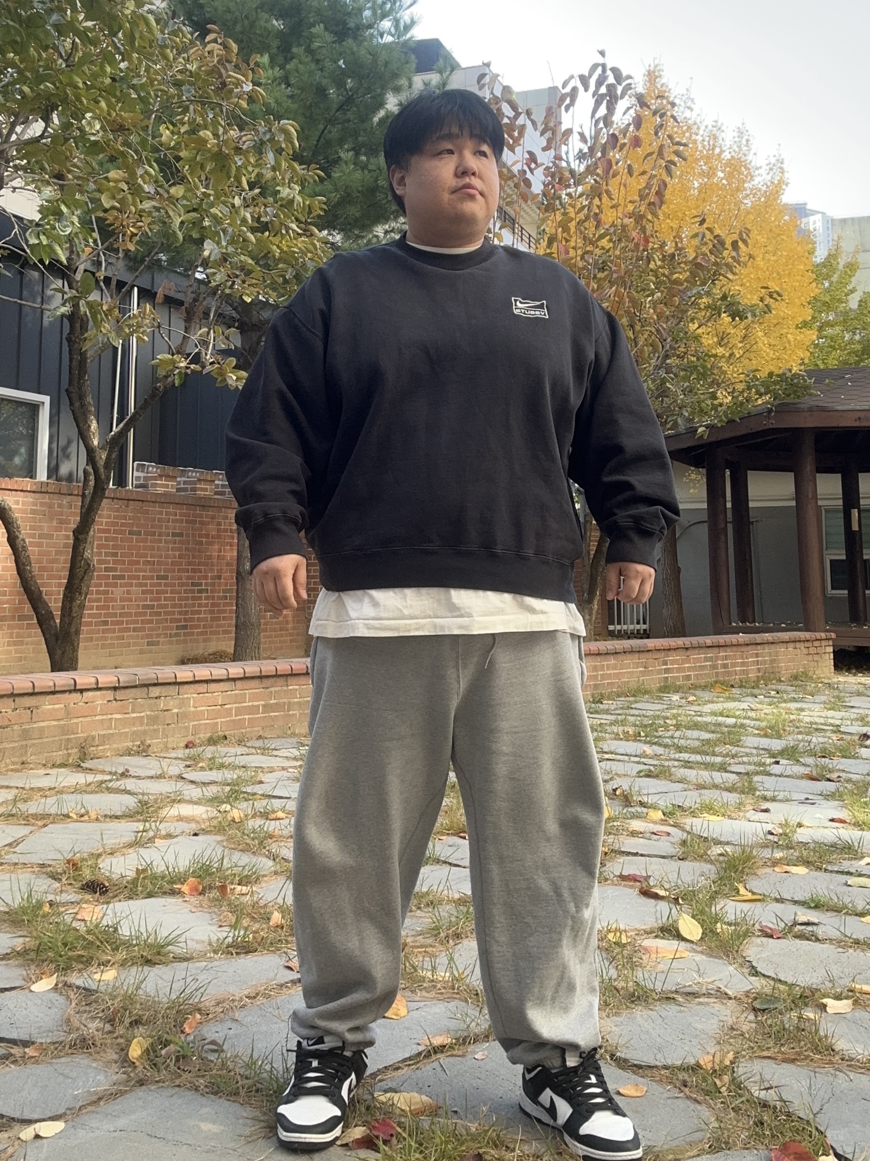 Nike x Stussy Fleece Pants Grey Heather (FN5231-050), Nike x Stussy NRG Washed Fleece Crewneck Black (DO5310-010) 착용 스타일