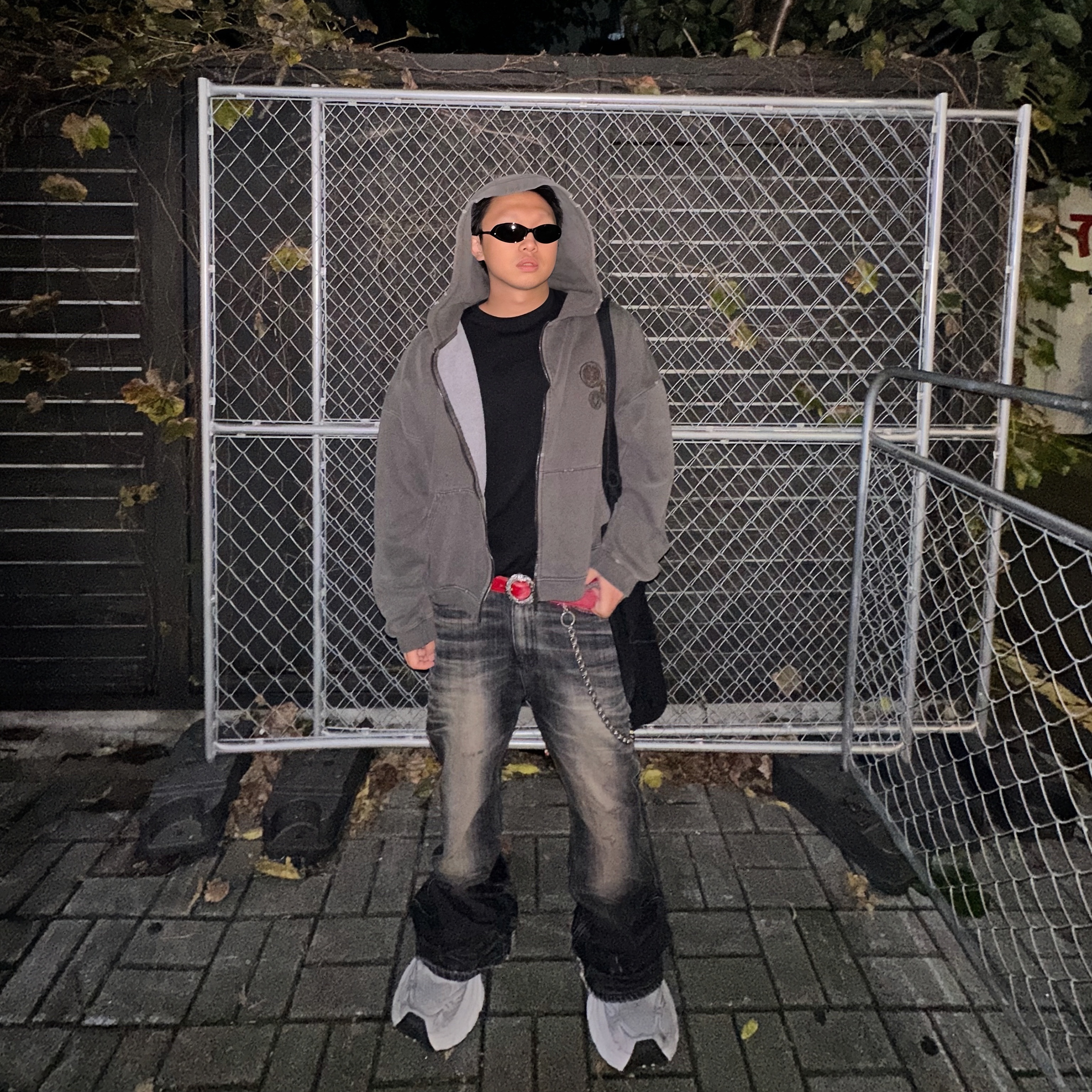 Undermycar 25FW Ouroboros Loop Buckle Calf Hair Leather Belt Red, Undermycar Old Dyeing Multi Patched Zipped Hoodie Olive - 24FW 착용 스타일 - 1