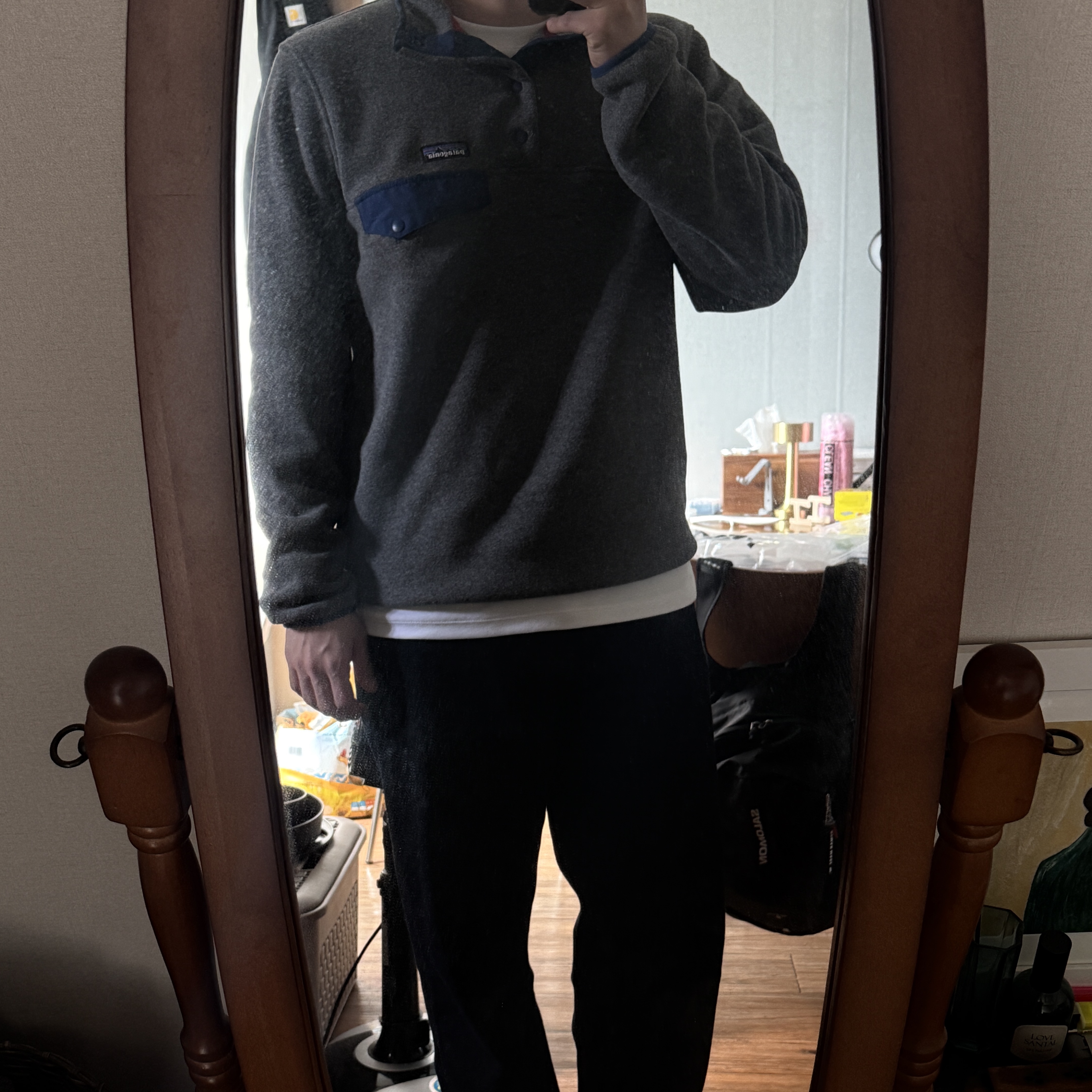 Patagonia Lightweight Synchilla Snap-T Fleece Pullover Nickel Blue 착용 스타일