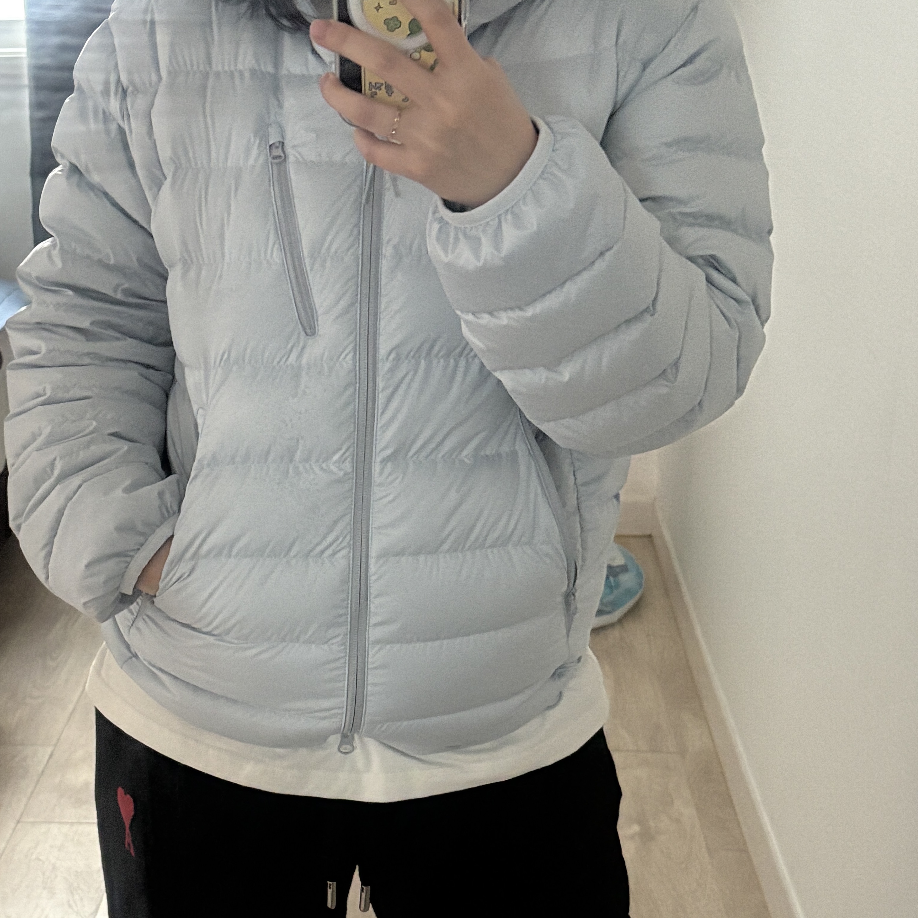 Musinsa Standard City Leisure Hooded Light Down Jacket Cloudy Blue 착용 스타일