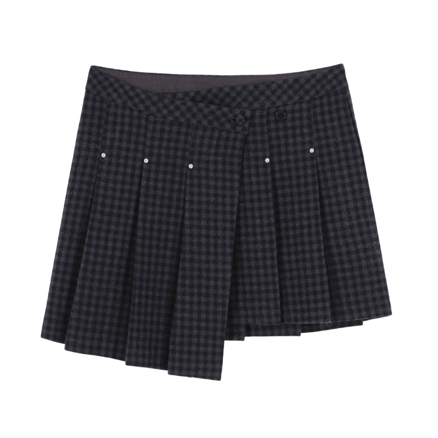 아수라 울 리벳 플리츠 랩 스커트 체크(Asura Wool Rivet Pleats Lap Skirt Check)