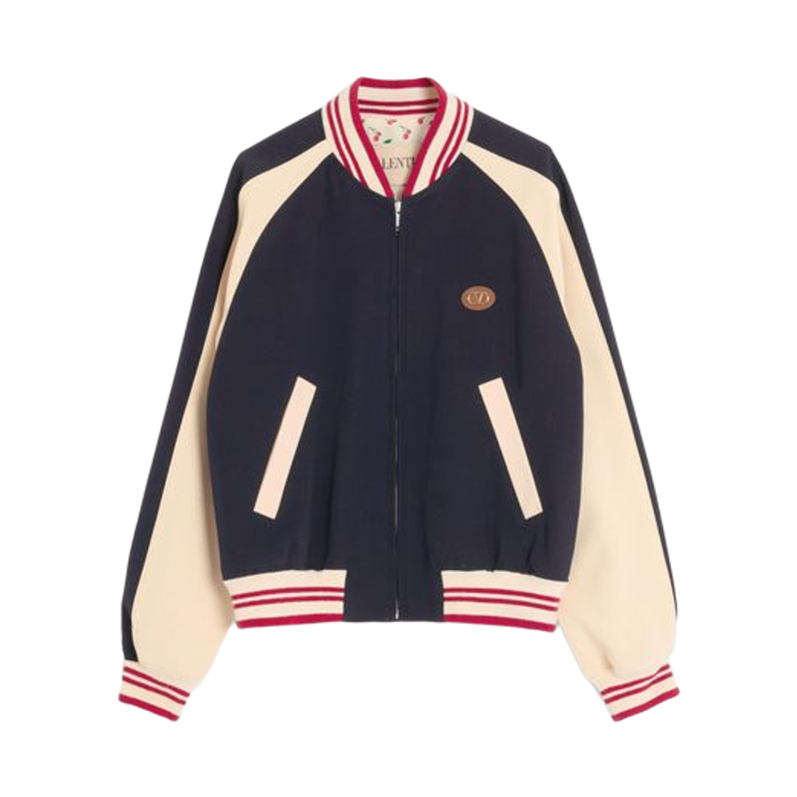 발렌티노 브이로고 르 샤 드 라 메종 패치 울 코튼 봄버 자켓 블루 버터(Valentino Wool and Cotton Bomber Jacket with Vlogo and Le Chat De La Maison Patch Blue Butter)