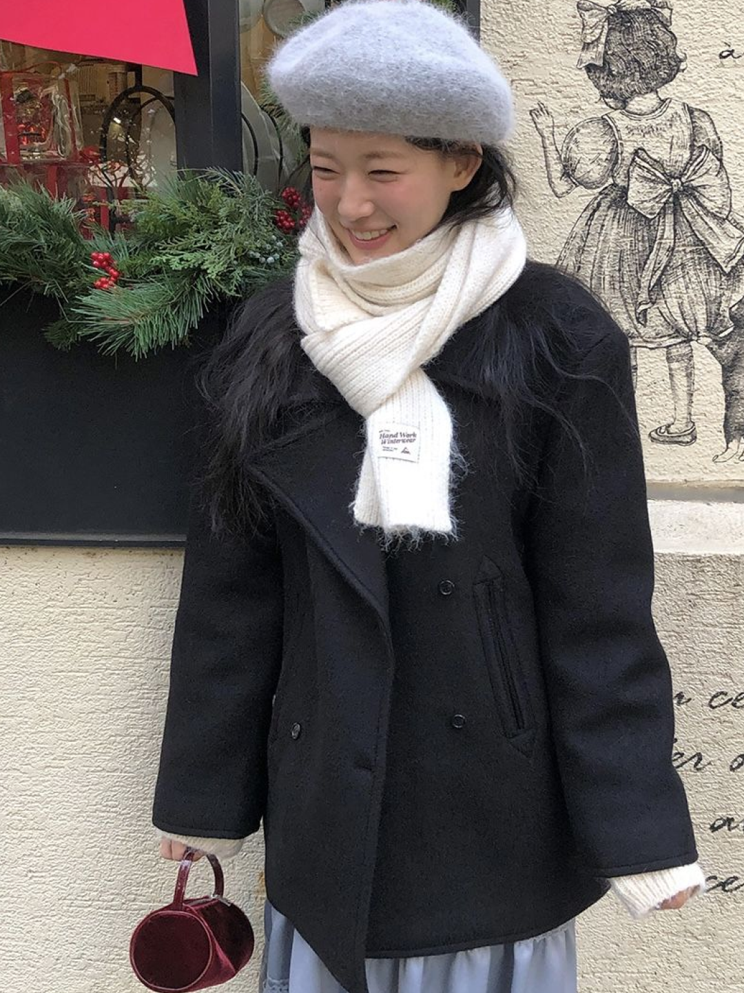 COYSEIO Wide Cat Beanie Grey, (W) Coyseio Layered Knit Skirt Melange Grey 착용 스타일 - 4