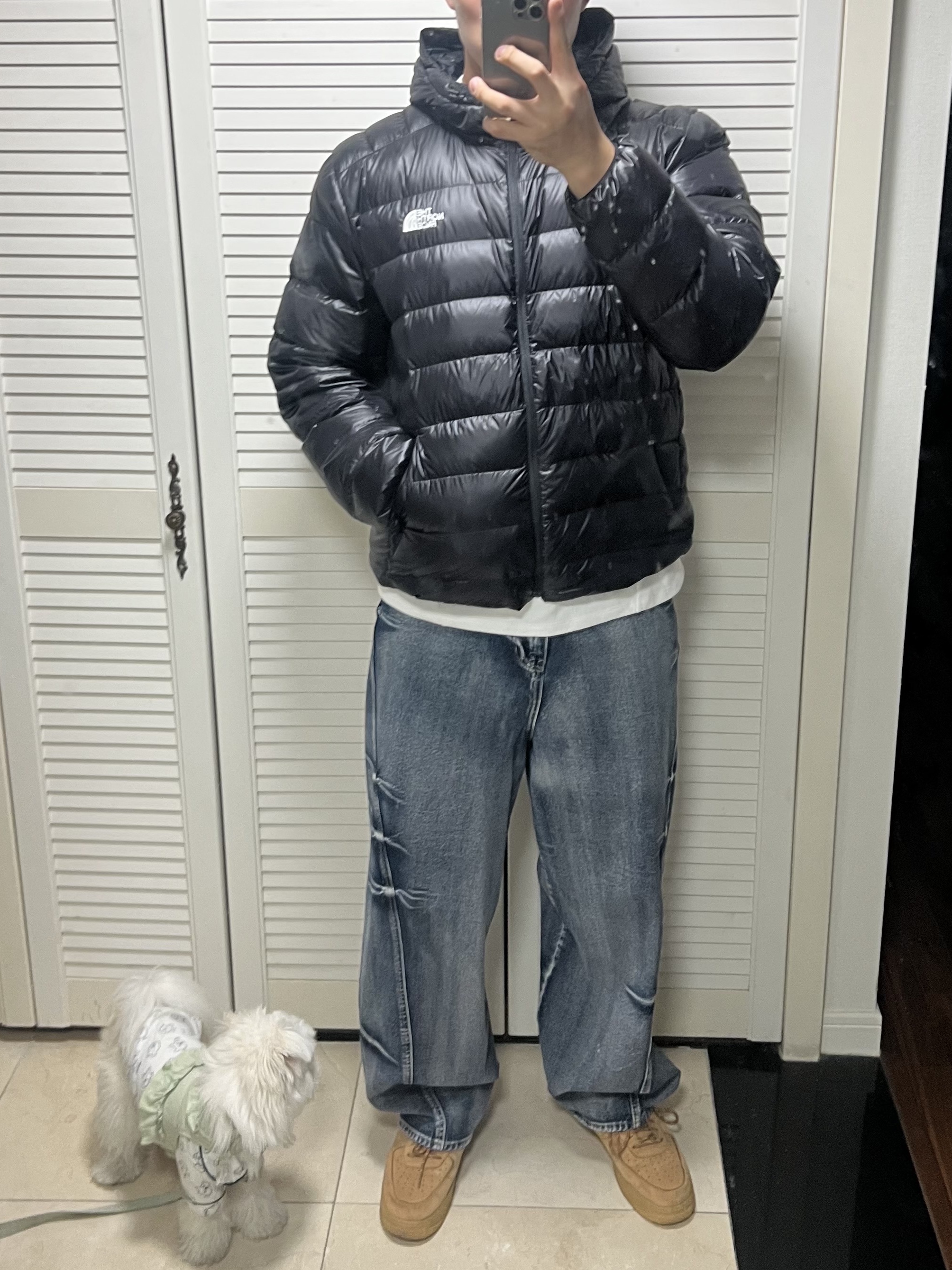 The North Face Matier EX RDS Down Hoodie Black, Nike Air Force 1 '07 WB Flax 착용 스타일
