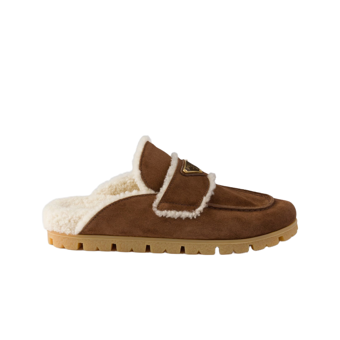 (W) 프라다 스웨이드 셔링 뮬 코코아 브라운((W) Prada Suede Shearling Mules Cocoa Brown)