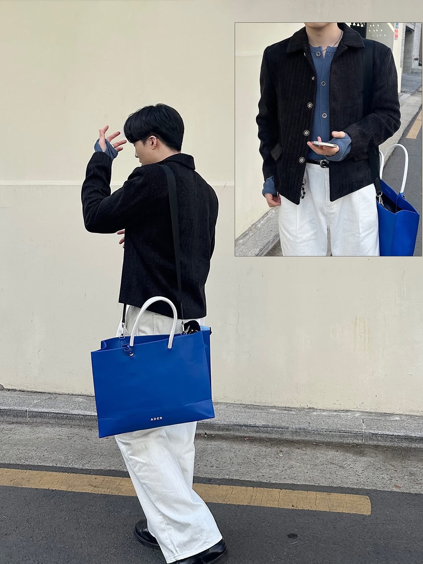 Ader Error Wide Blue Bag Blue, Monamhee x Peaceminusone Daihee Plush Keyring 착용 스타일 - 5