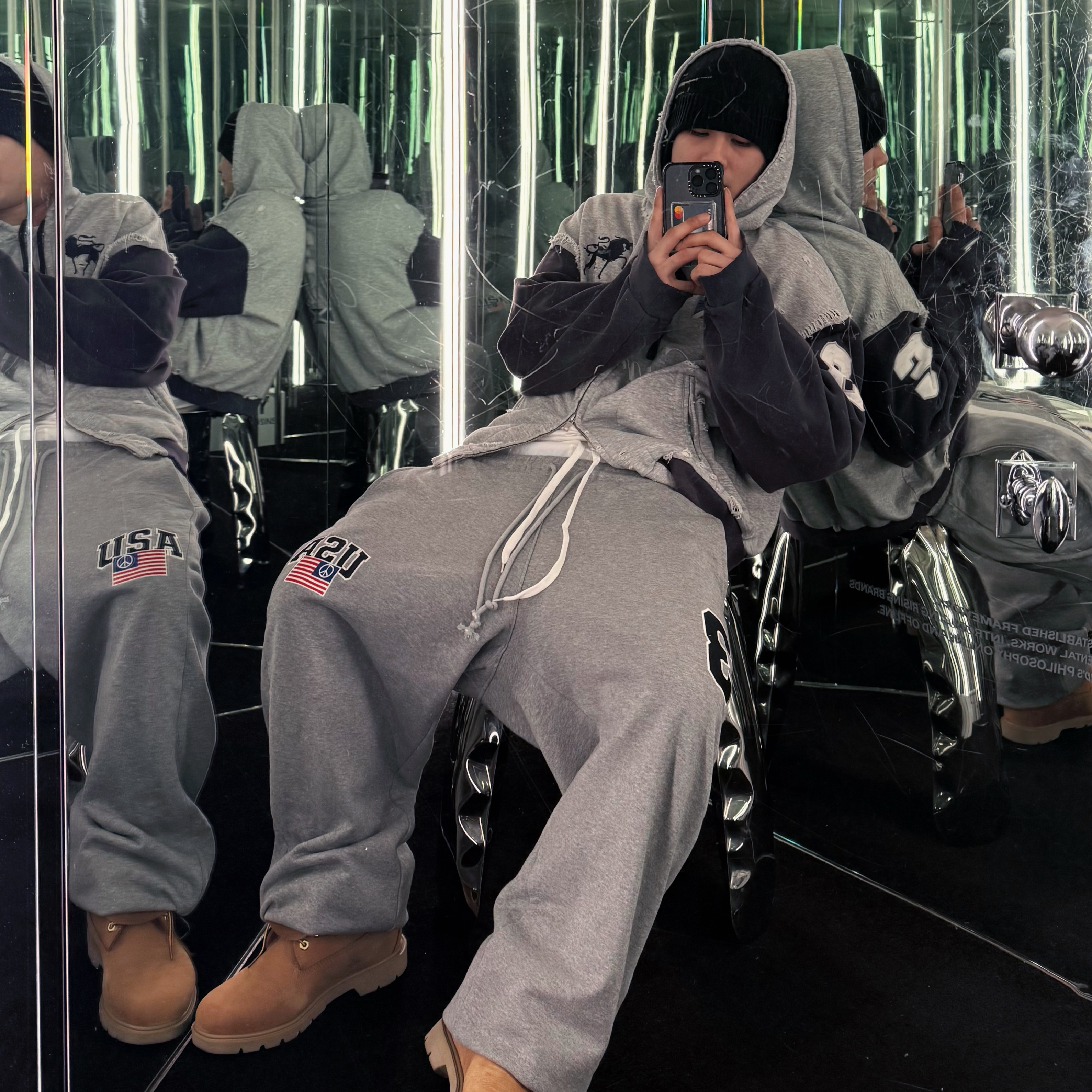 Project G/R 3 Layered Sweat Pants Grey, Project G/R Cuntier Zip Hoodie Melange Grey 착용 스타일 - 1
