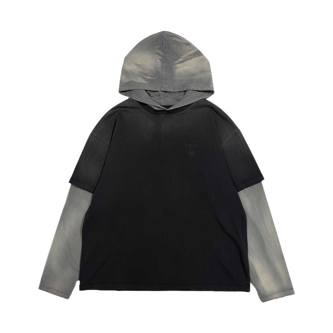 언더마이카 무.131 콤비 브러시 워시드 레이어드 후디 블랙 그레이(Undermycar Mu.131 Combi Brush Washed Layered Hoodie Black / Gray)