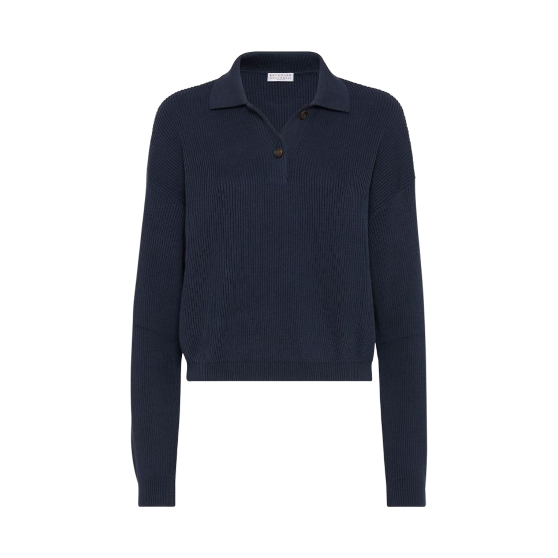 M19194705-C7186 (W) Brunello Cucinelli Cotton English Rib Knit Polo Shirt with Monili Navy Blue