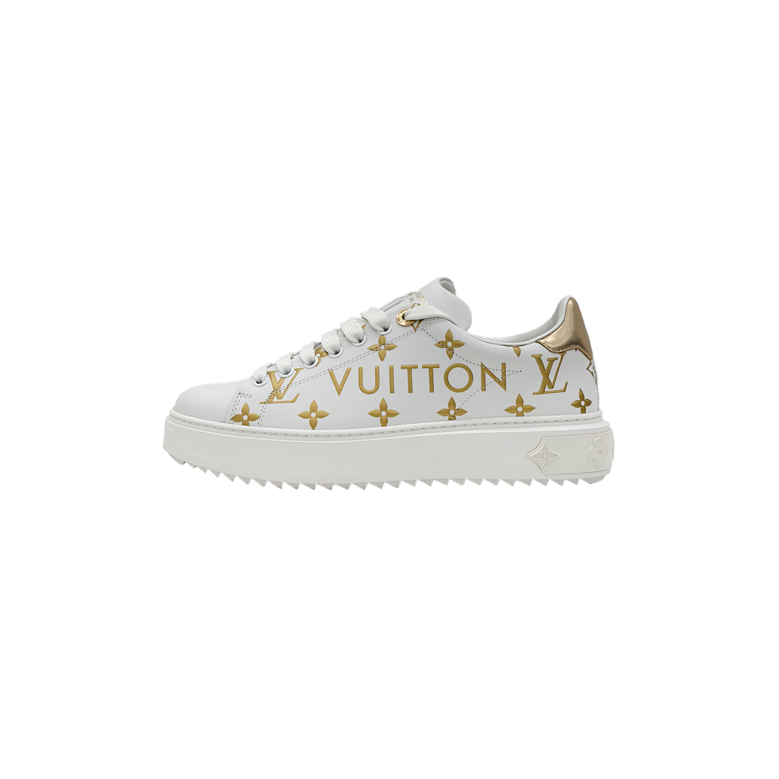 ITG3NIH6LQL2 Louis Vuitton Women's Logo Timeout Low-Top Sneakers in White and Gold