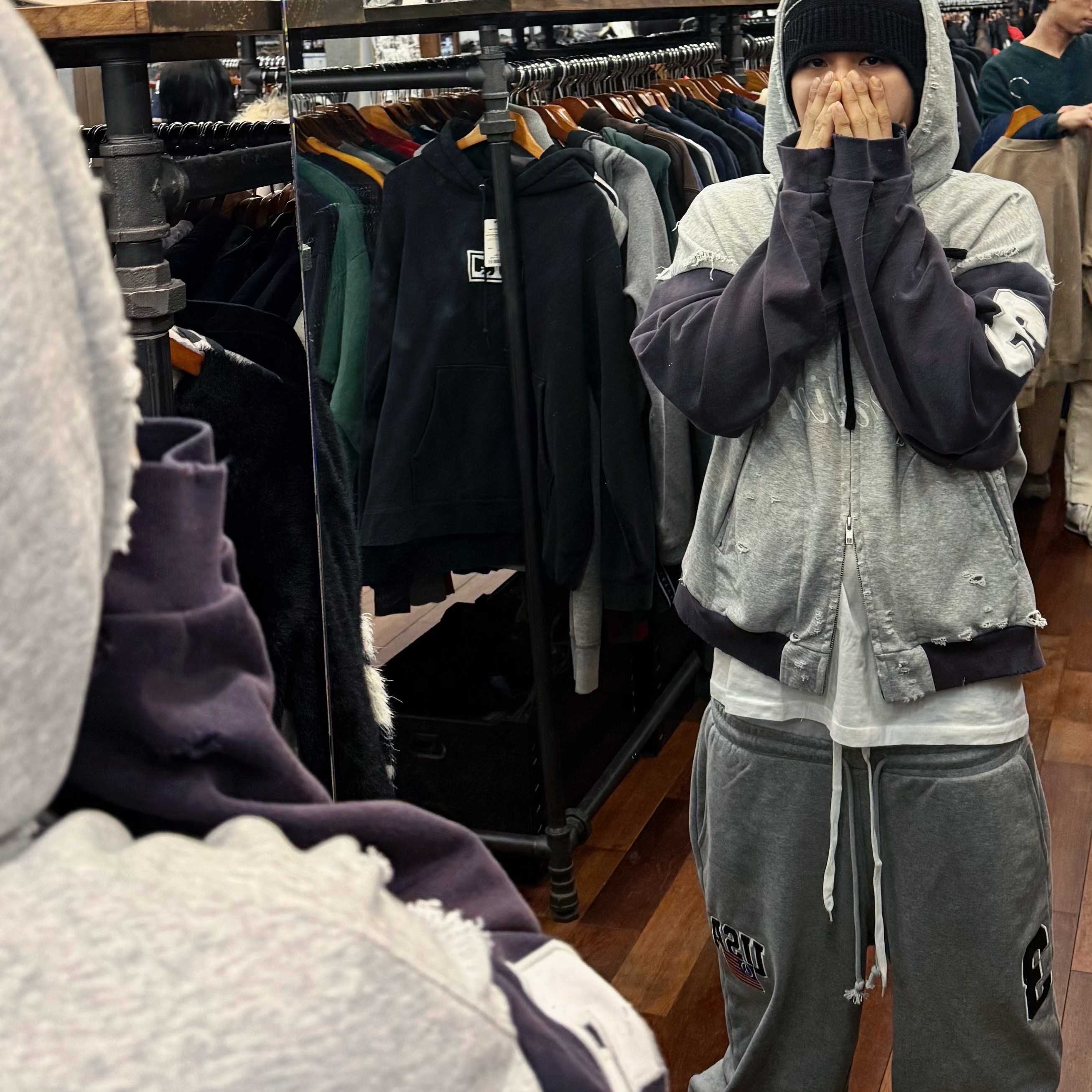 Project G/R 3 Layered Sweat Pants Grey, Project G/R Cuntier Zip Hoodie Melange Grey 착용 스타일 - 2