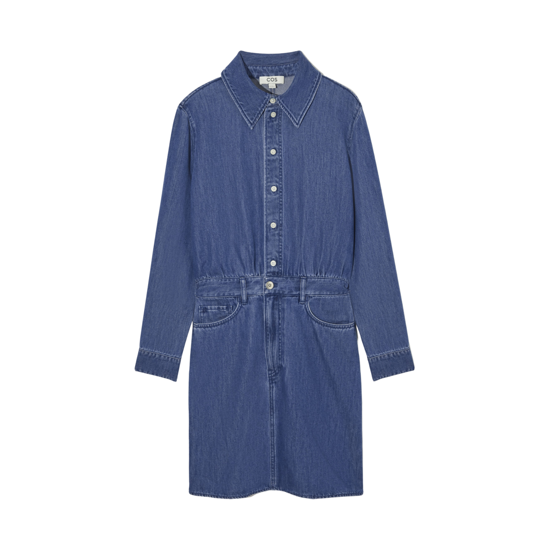 (W) 코스 스트럭처 데님 셔츠 드레스 워시드 블루((W) COS Structured Denim Shirt Dress Washed Blue) - 1