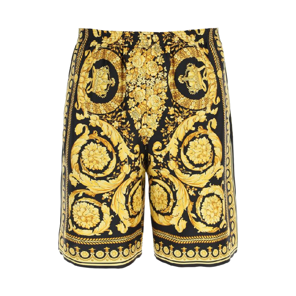 1002476-1A03044-5B000 Versace Silk Twill Barocco Shorts Print