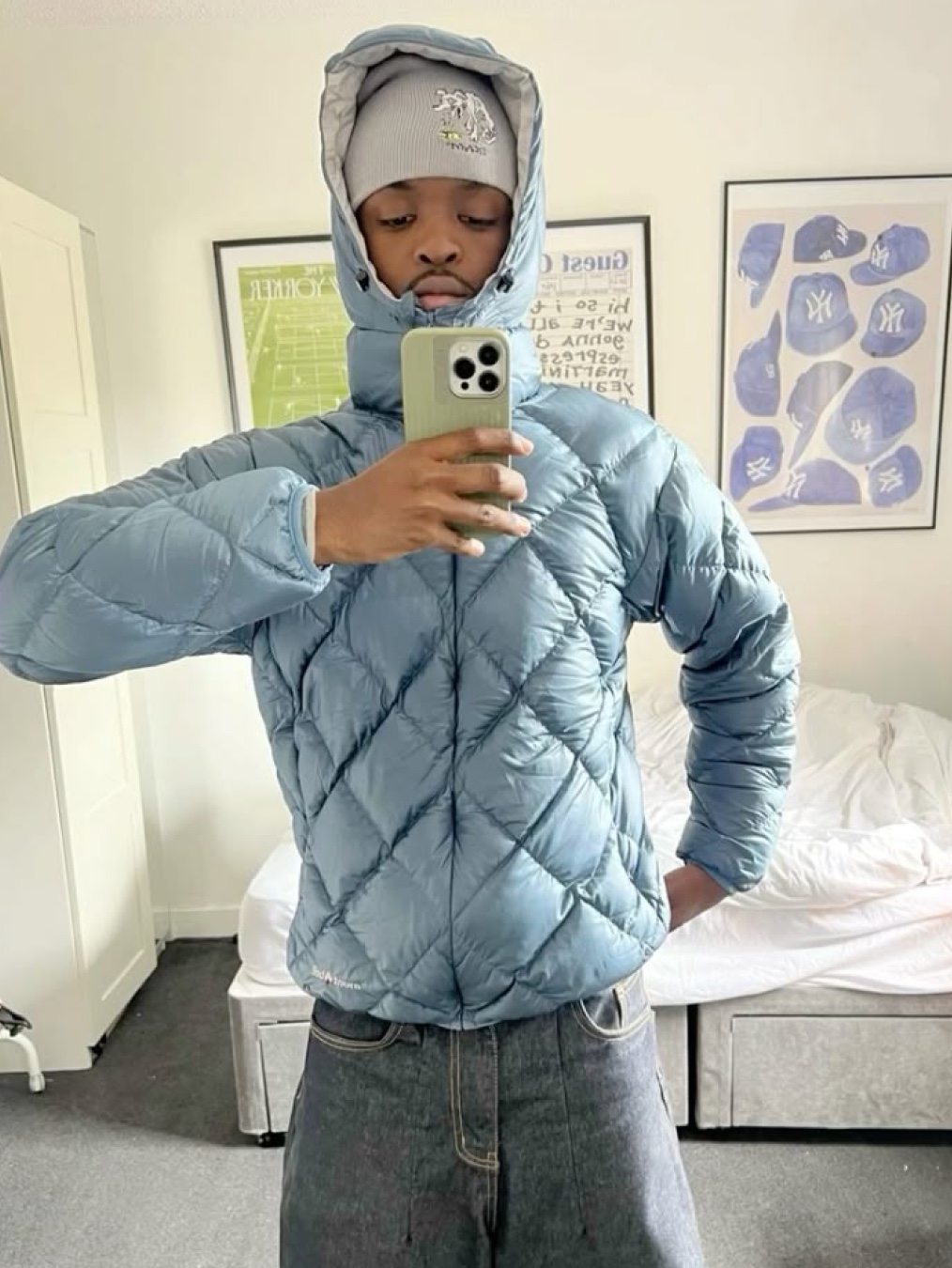 Thisisneverthat Ultralight Down Jacket Blue, Stussy Midweight Puffer Black 착용 스타일 - 2