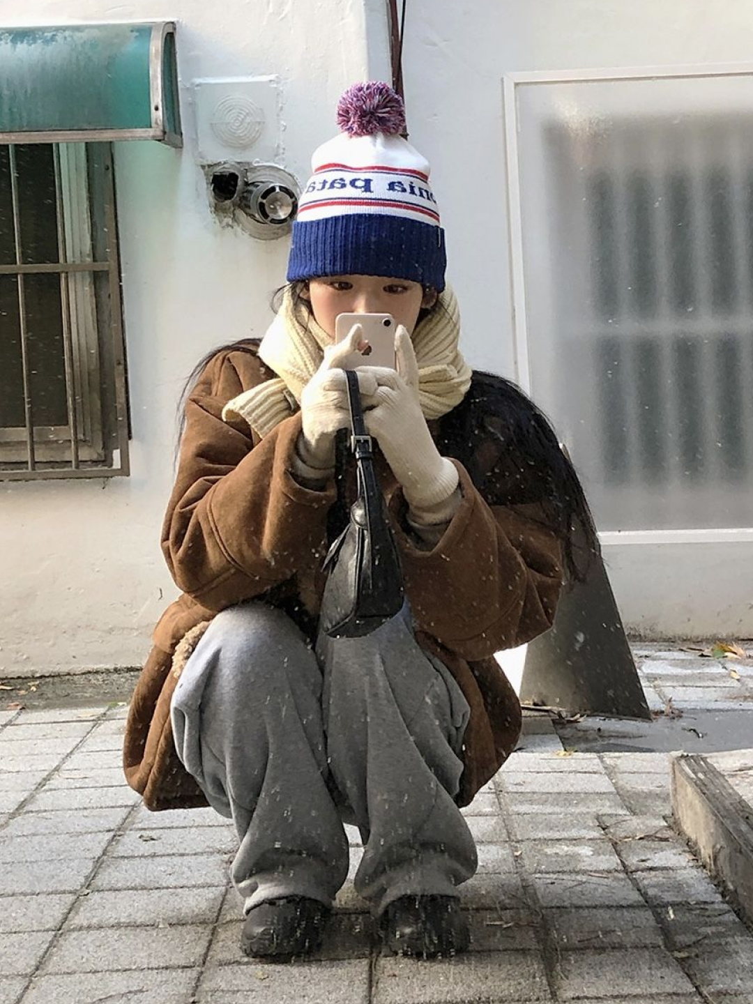 COYSEIO Wide Cat Beanie Grey, (W) Coyseio Layered Knit Skirt Melange Grey 착용 스타일 - 2