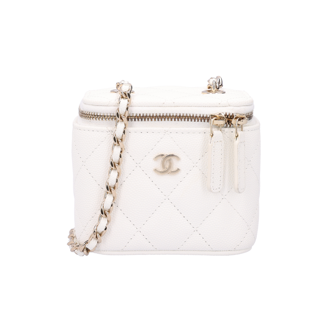 ITKDWG7IWR8U Chanel AP1340 Classic Small Chain Cosmetic Case in Grained Calfskin - White with Gold Hardware