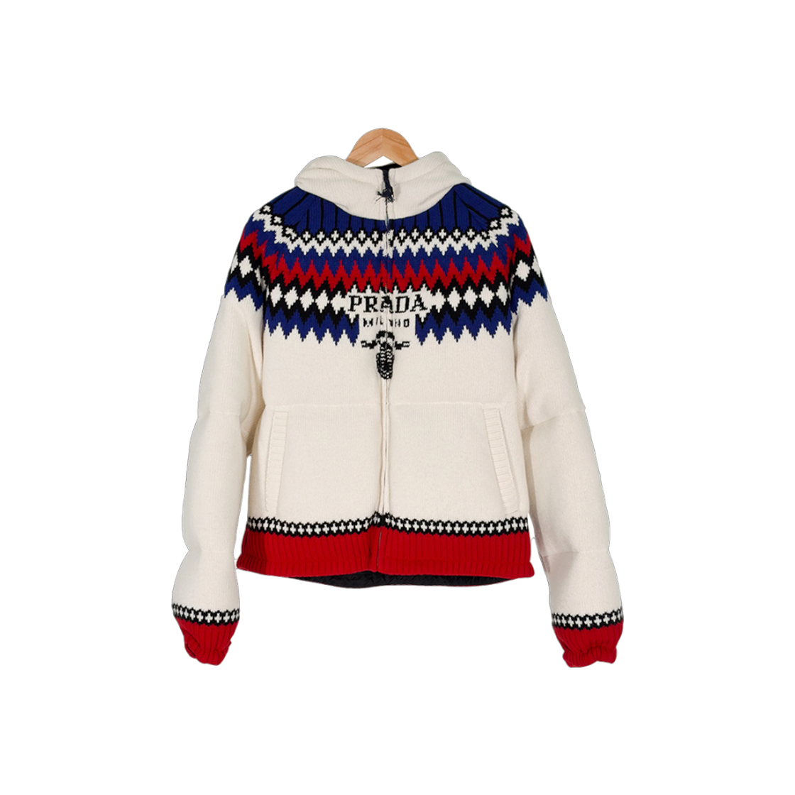 프라다 자수로고 울 캐시미어 니트 다운 후드 패딩 자켓 화이트