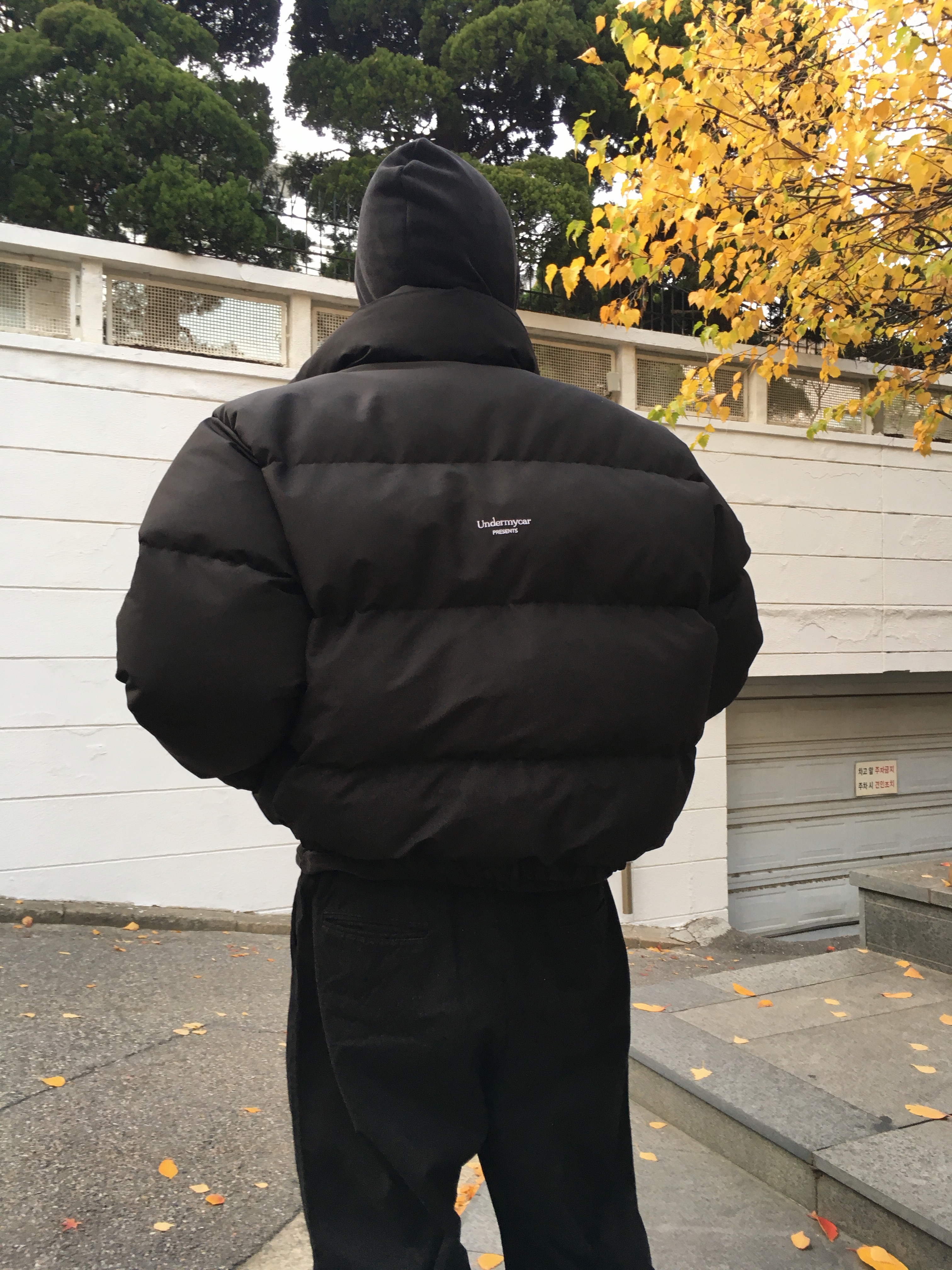 Undermycar Mu.15 Anti Fxxking Logo Play Triple Logo Crop Padding Jacket Black 착용 스타일 - 7