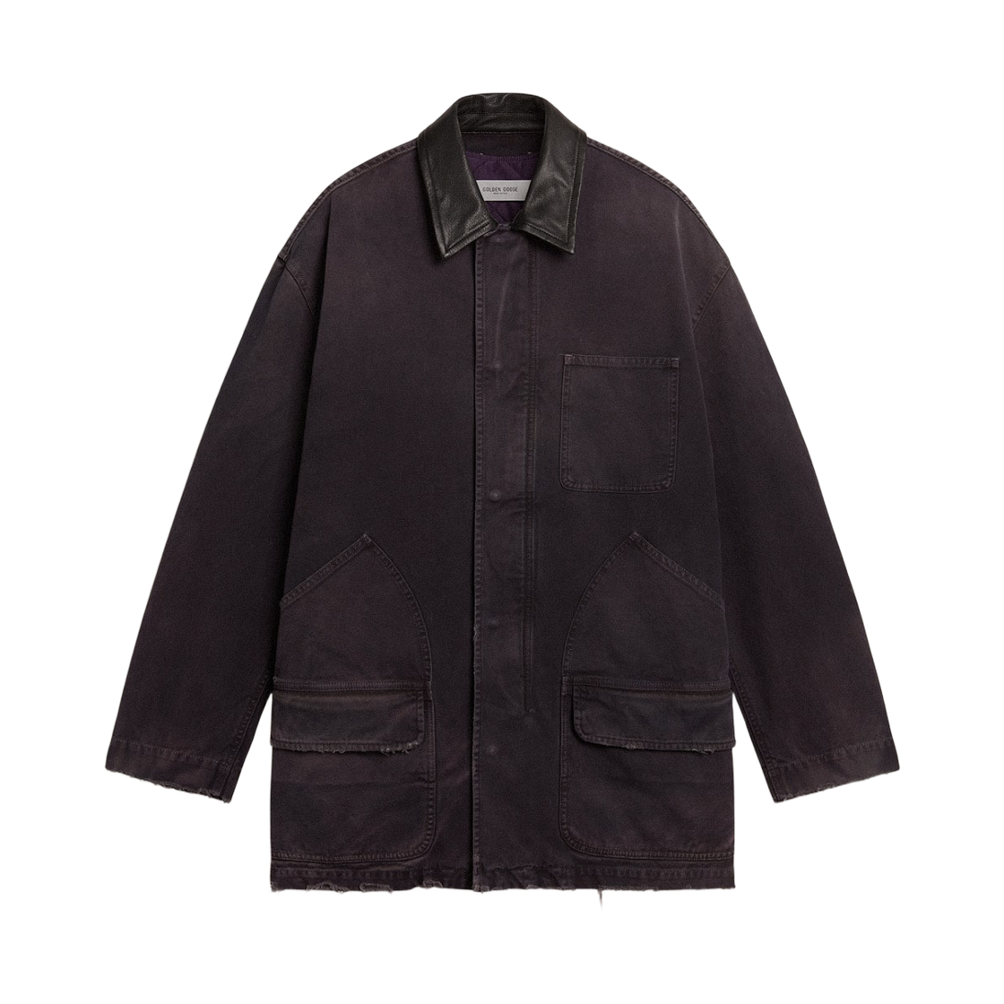 GMP02124-P001852-45266 Golden Goose Distressed Leather Collar Denim Jacket Black