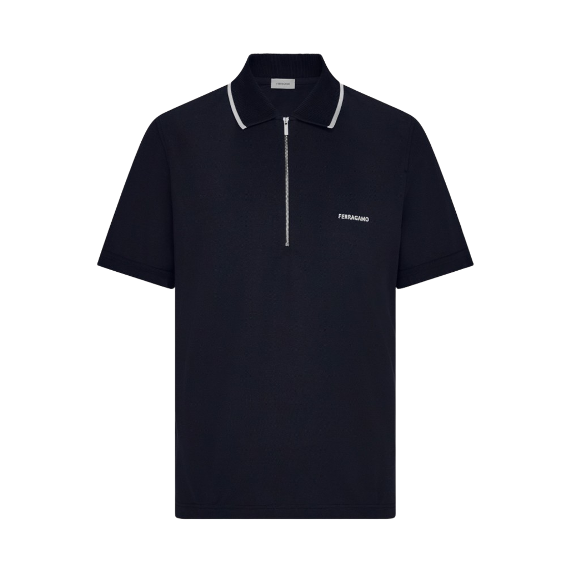 페라가모 집 클로저 코튼 폴로 셔츠 뉴 네이비 블루(Ferragamo Cotton Polo Shirt with Zip Closure New Navy Blue)