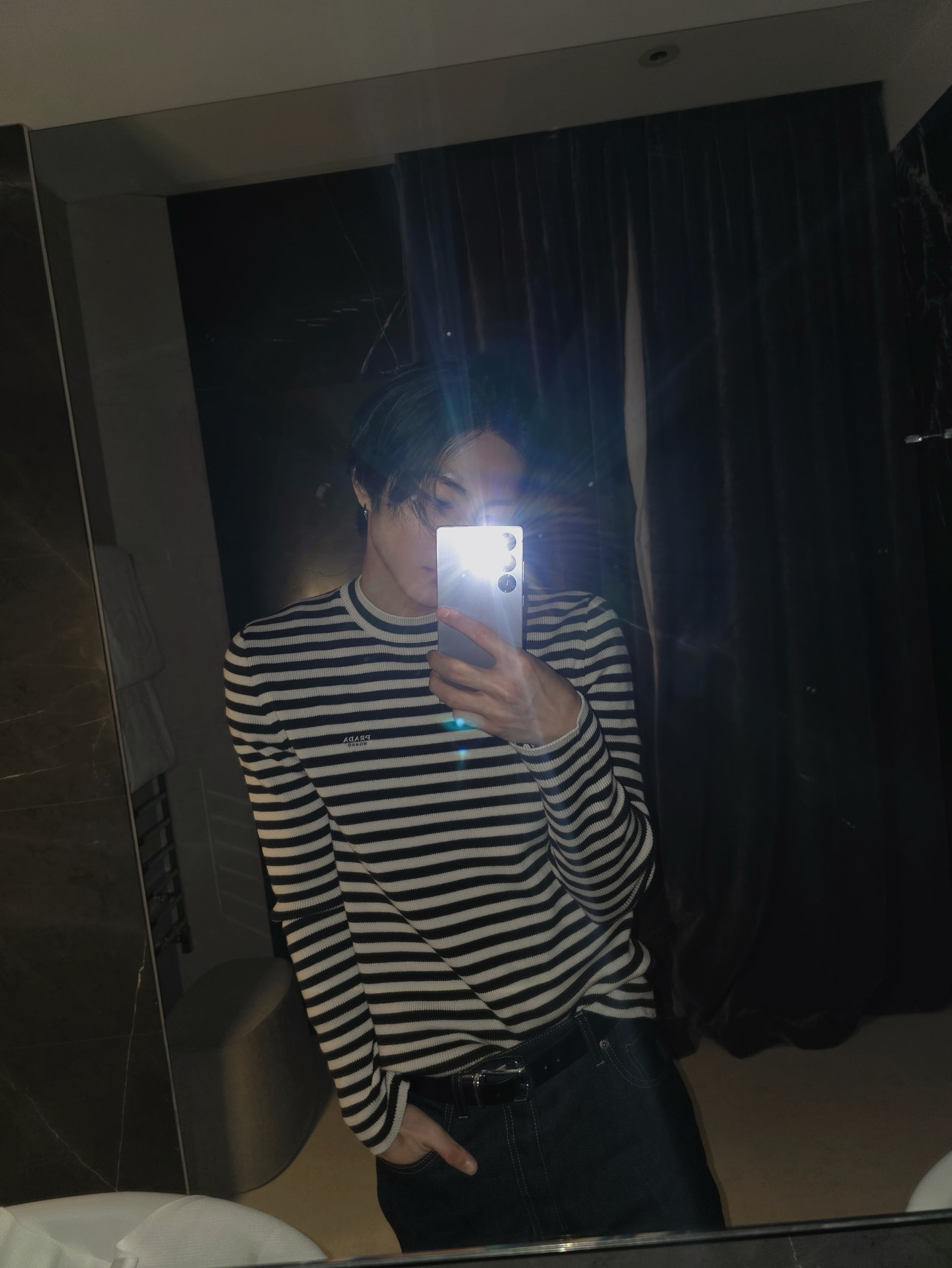 Prada Reversible Saffiano Leather Belt Black Baltic Blue, Prada Superfine Wool Crew Neck Sweater Cream 착용 스타일