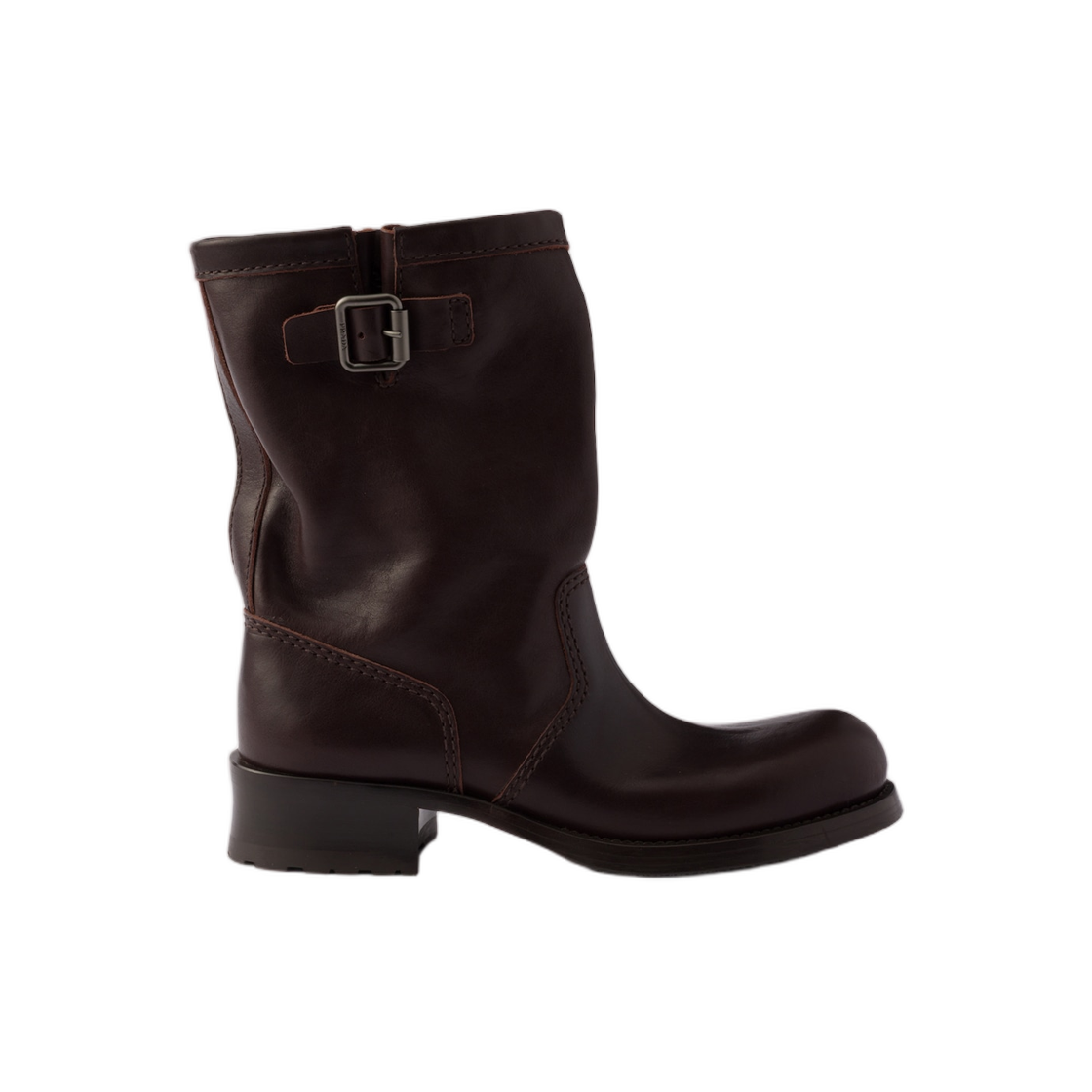 1U275O-V69-F0003 (W) Prada Leather Mid-Calf Boots Dark Brown