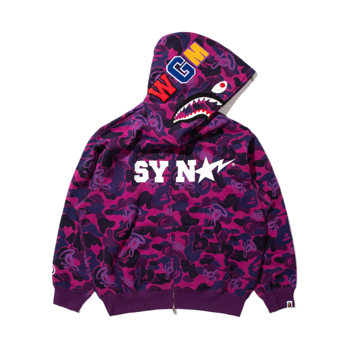 베이프 x 스포티파이 x 시나 월드 바이 센트럴 씨 카모 샤크 풀 집 후드 퍼플(BAPE x Spotify x SYNA World By Central Cee Camo Shark Full Zip Hoodie Purple)