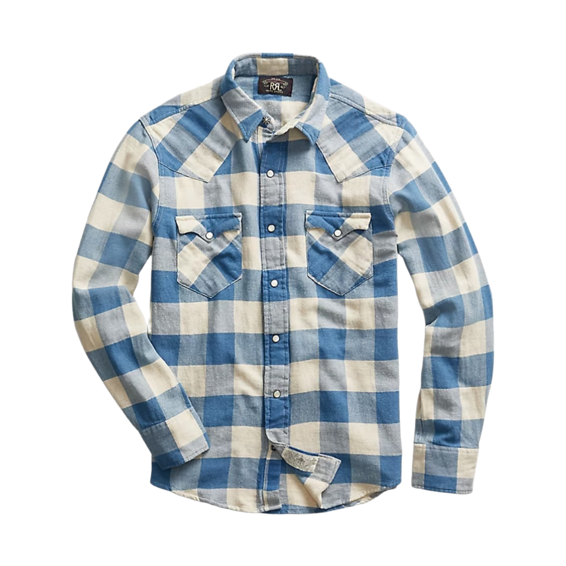 538586/782795230001 Double RL Slim Fit Plaid Twill Western Shirt Indigo Cream