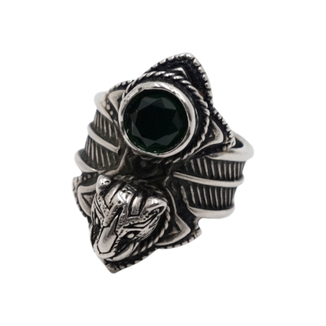 IT82H6WHTNQ3 Gucci Green Crystal Tiger Head Silver Ring - Size 18, 19