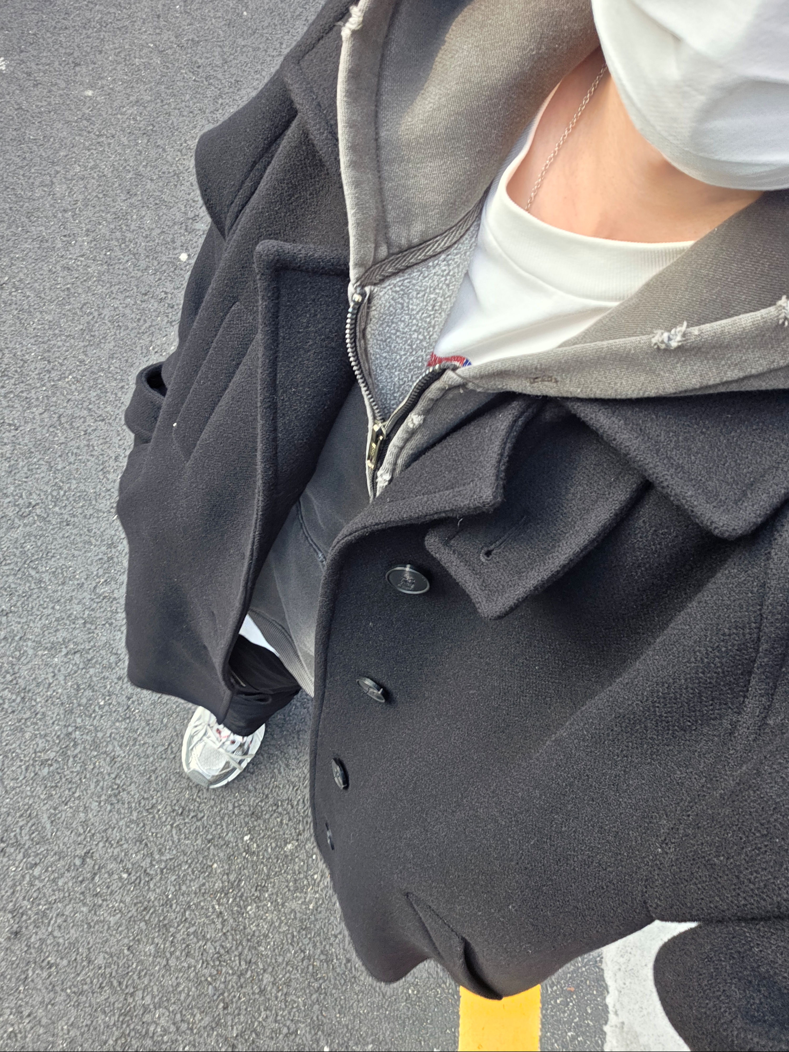 Undermycar Majanne Multi Button Oversized Wool Coat Black Oyster - 21FW, Undermycar Zerob Embossed Tactic Flared Jeans Sharkskin - 23FW 착용 스타일