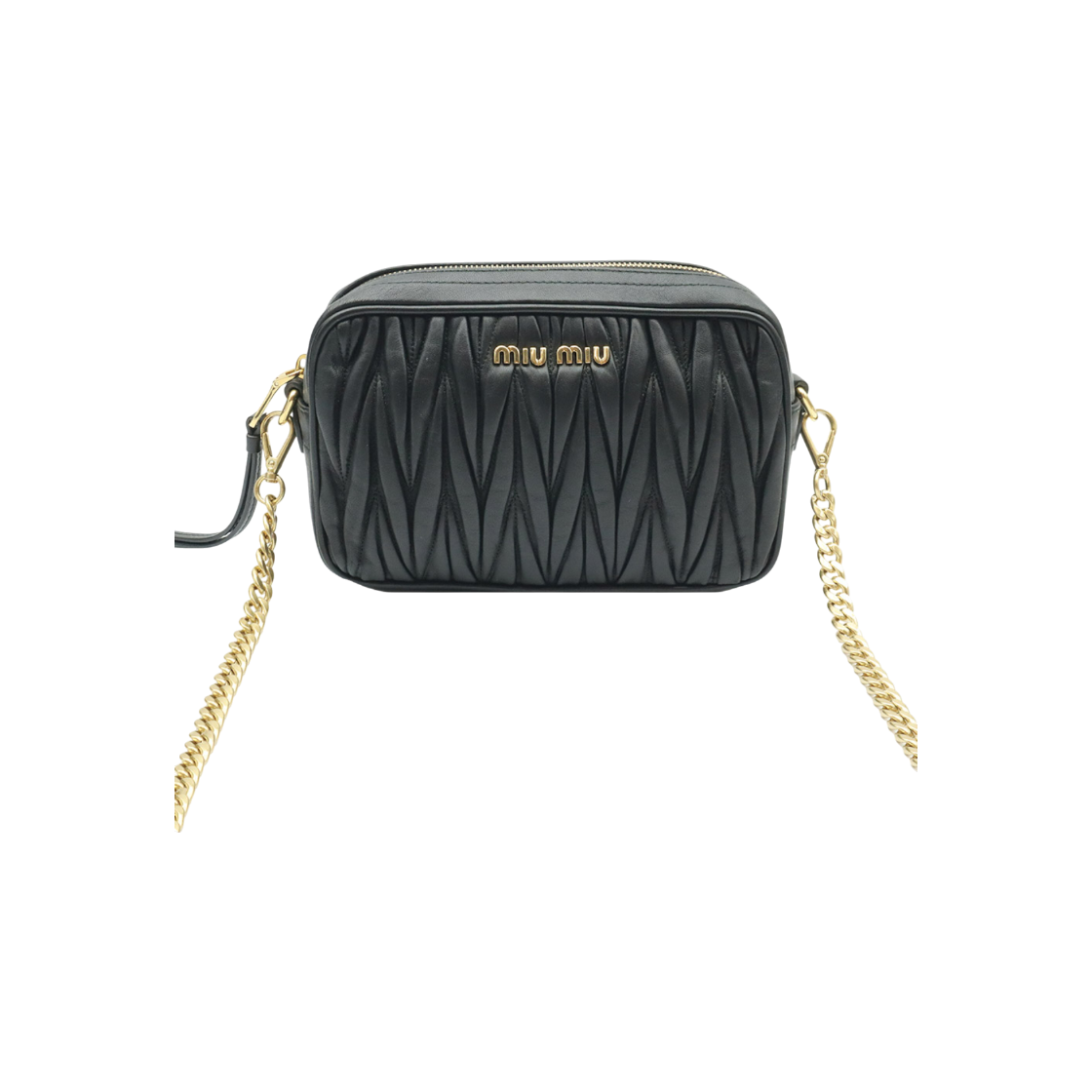 ITEPILLHHHSF Miu Miu 5BH118 Black Matelasse Napa Leather Gold Chain Camera Crossbody Bag