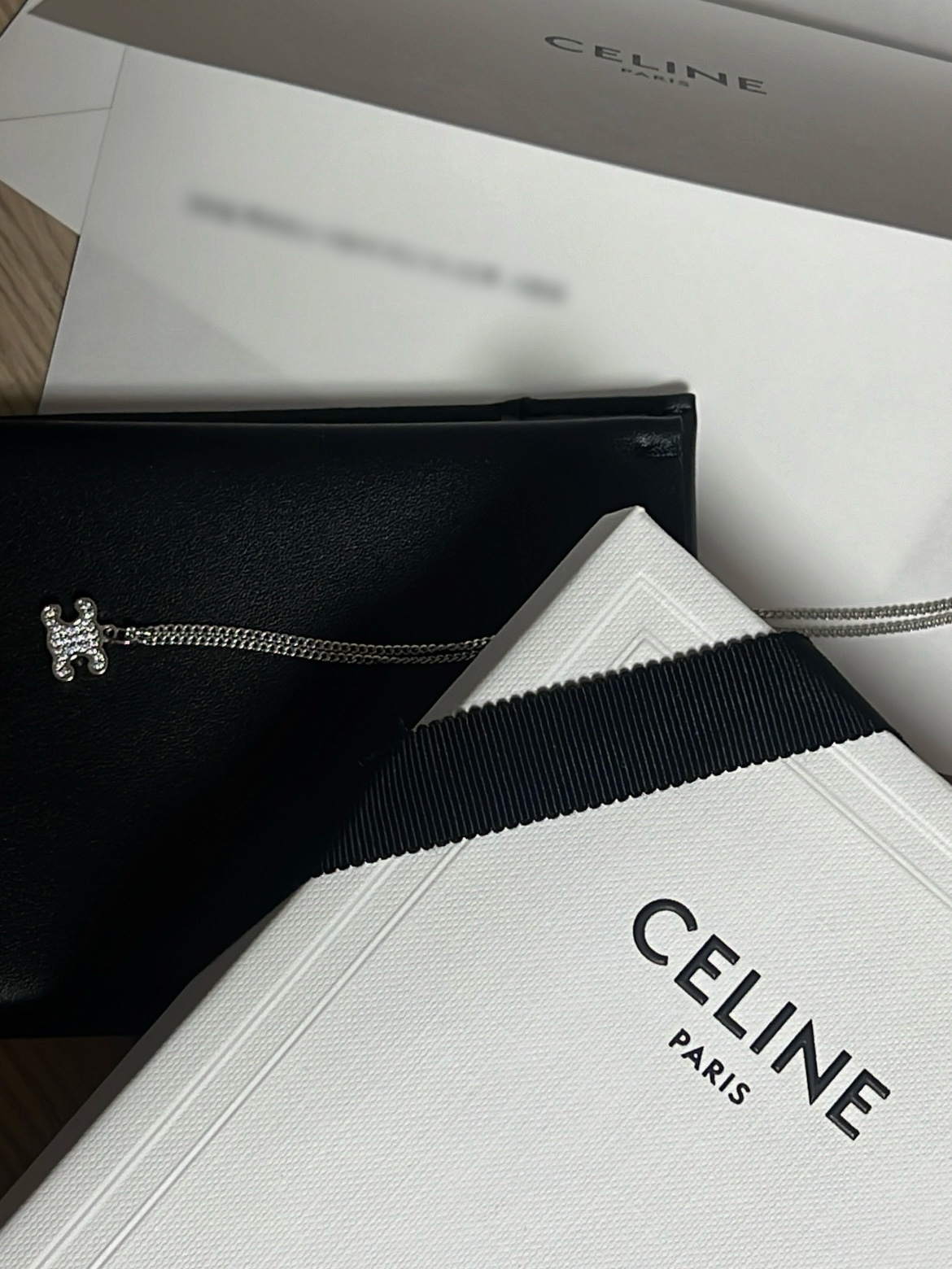 (W) Celine Triomphe Rhinestone Necklace in Brass with Rhodium Finish and Crystals Silver 착용 스타일
