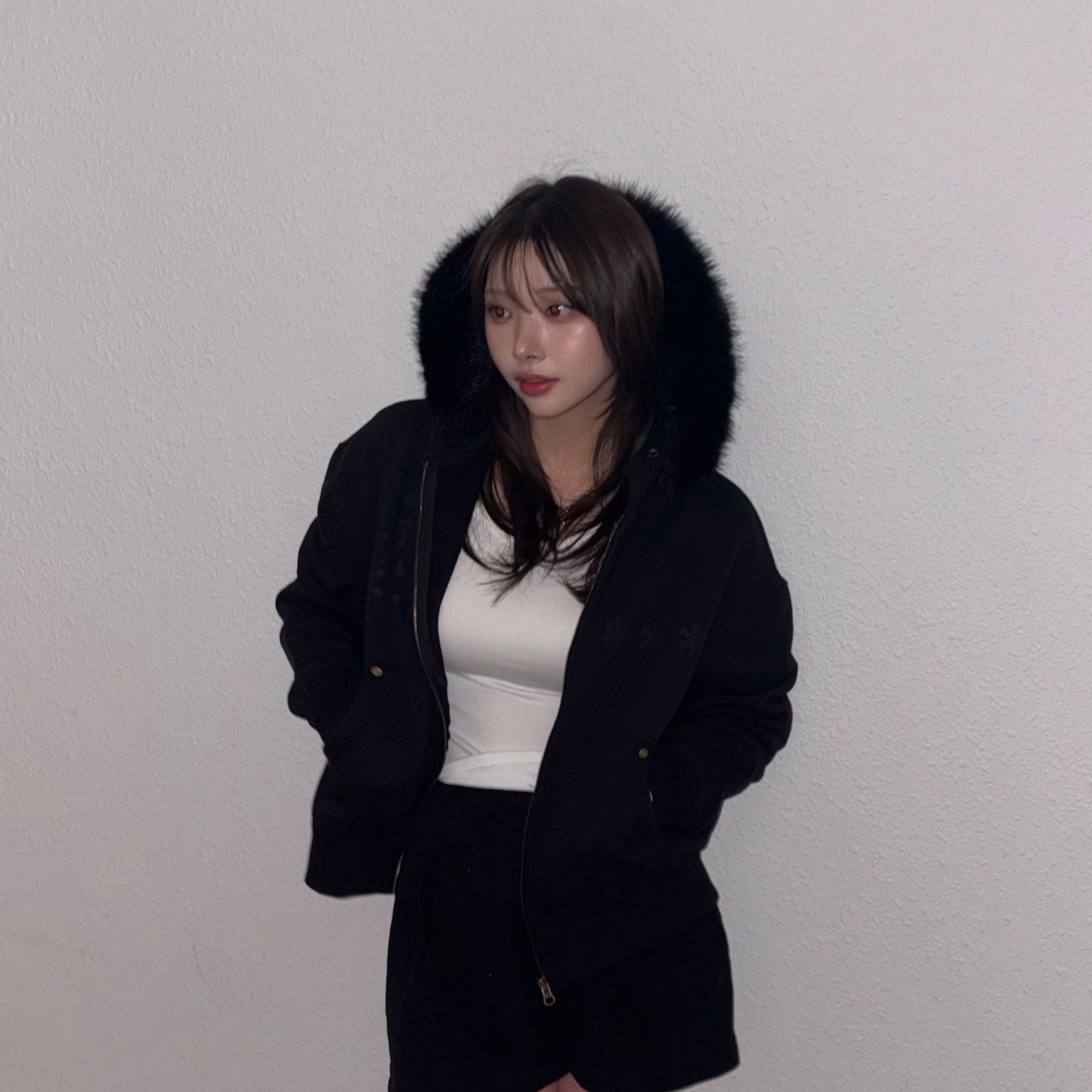 AMOU Fur Hoodie Zip Up Black, AMOU Fur Hoodie Zip Up Gray 착용 스타일 - 2