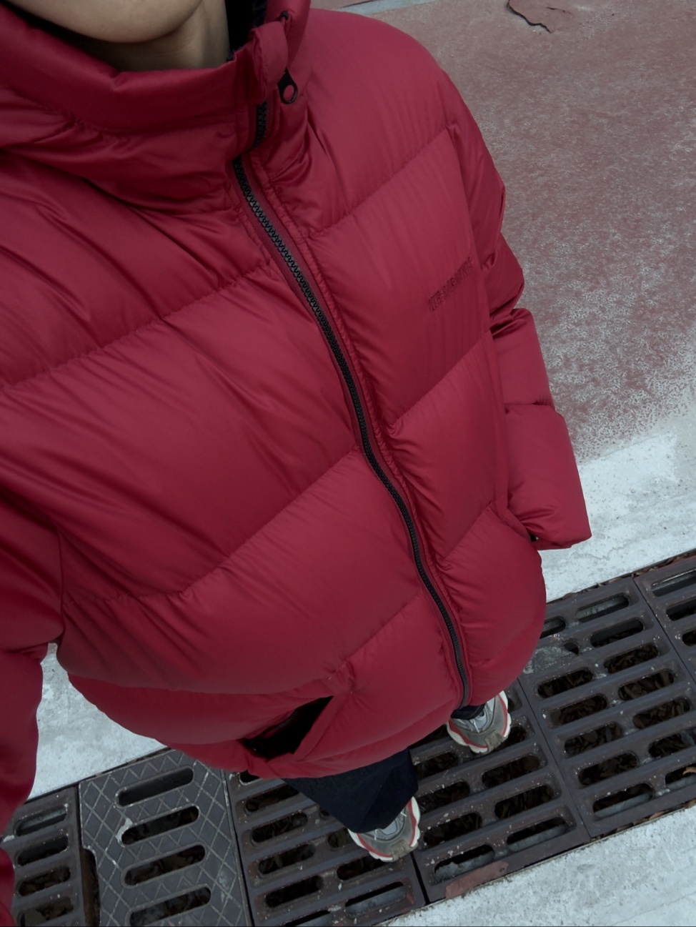 QT8 GARMENTS Duck Down Heavyweight Hoodie Jacket Red 착용 스타일 - 5