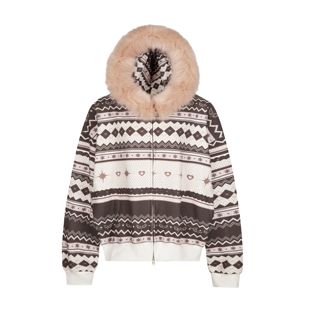 E252HZ065RR Escapefrom Nordic Fur Two-Way Two-Way Hoodie Zip-Up Brown