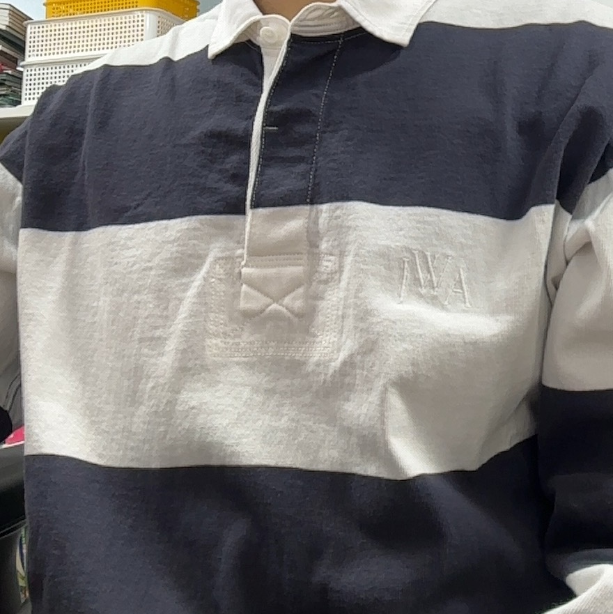 Uniqlo x JW Anderson Oversized Rugger Stripe Polo Shirt Navy - KR 착용 스타일