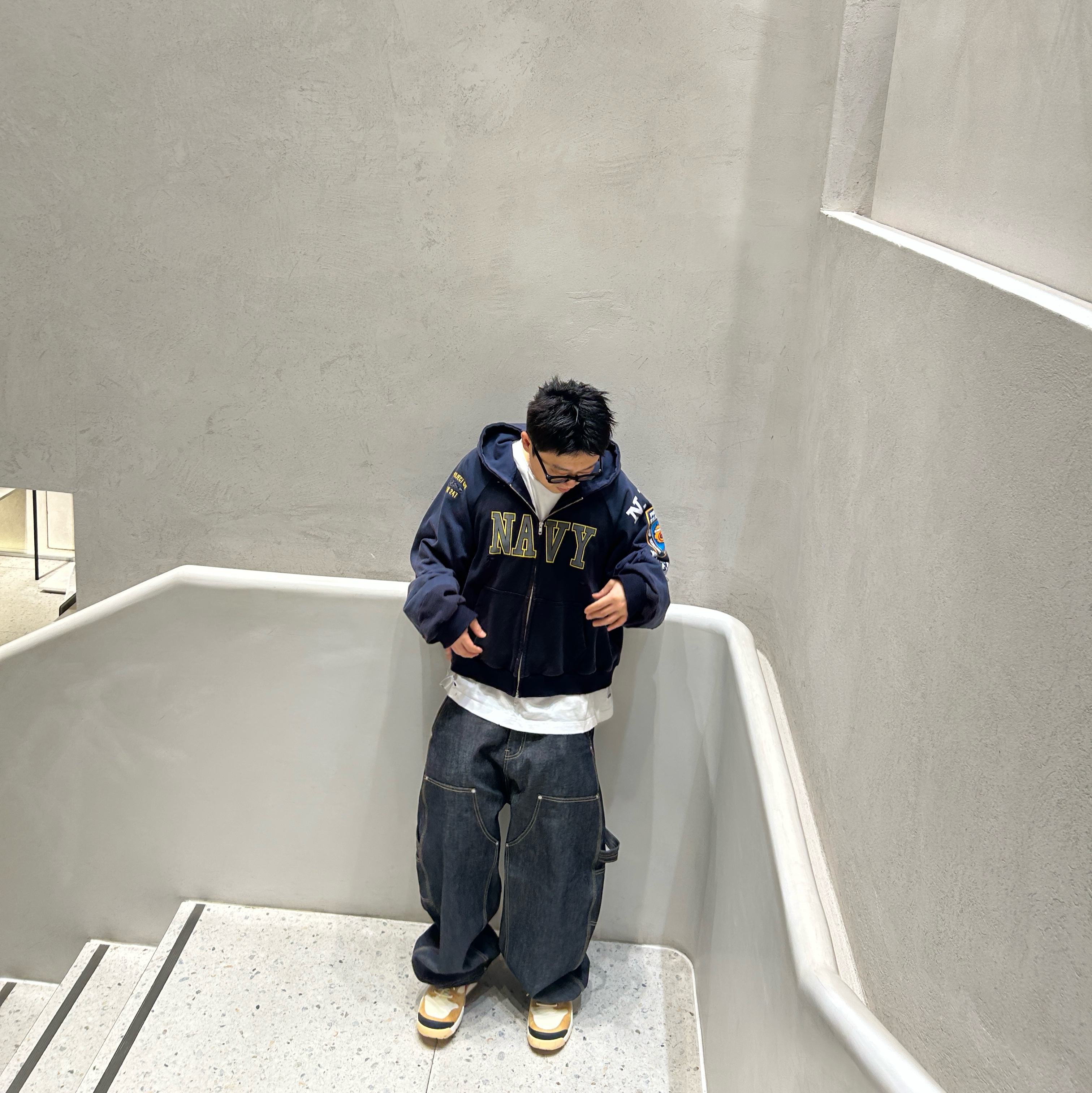 Project G/R Reconstructed Folded Zip Hoodie Navy, Nike x Tom Sachs Mars Yard Shoe 3.0 Space Camp 착용 스타일 - 3