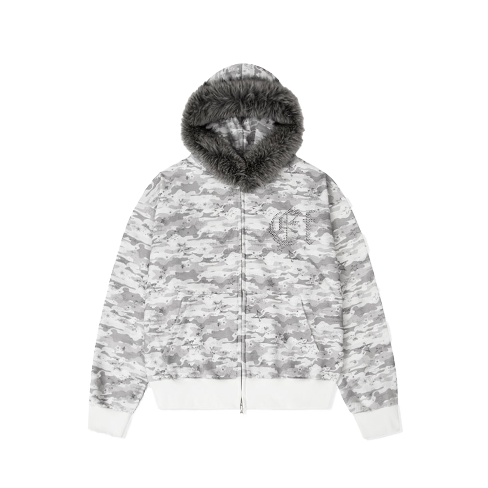 E252HZ067RR Escapefrom Vintage Star Distressed Camo Full-Print Two-Way Fur Hoodie Zip-Up Gray