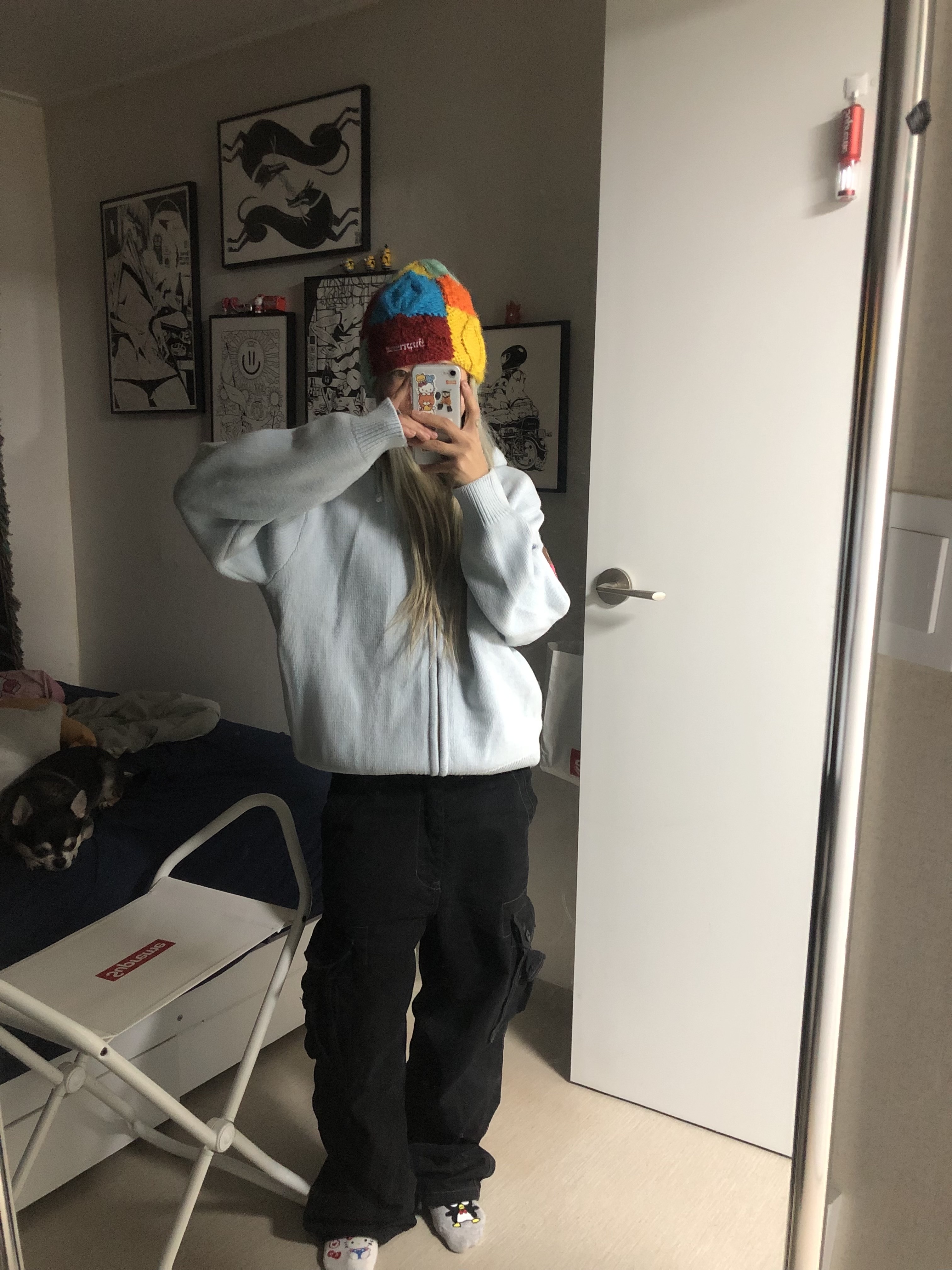 Supreme Block Knit Beanie Multicolor - 25SS, Supreme Last Supper Embroidered Zip Up Hooded Sweater Light Blue - 25SS 착용 스타일 - 1