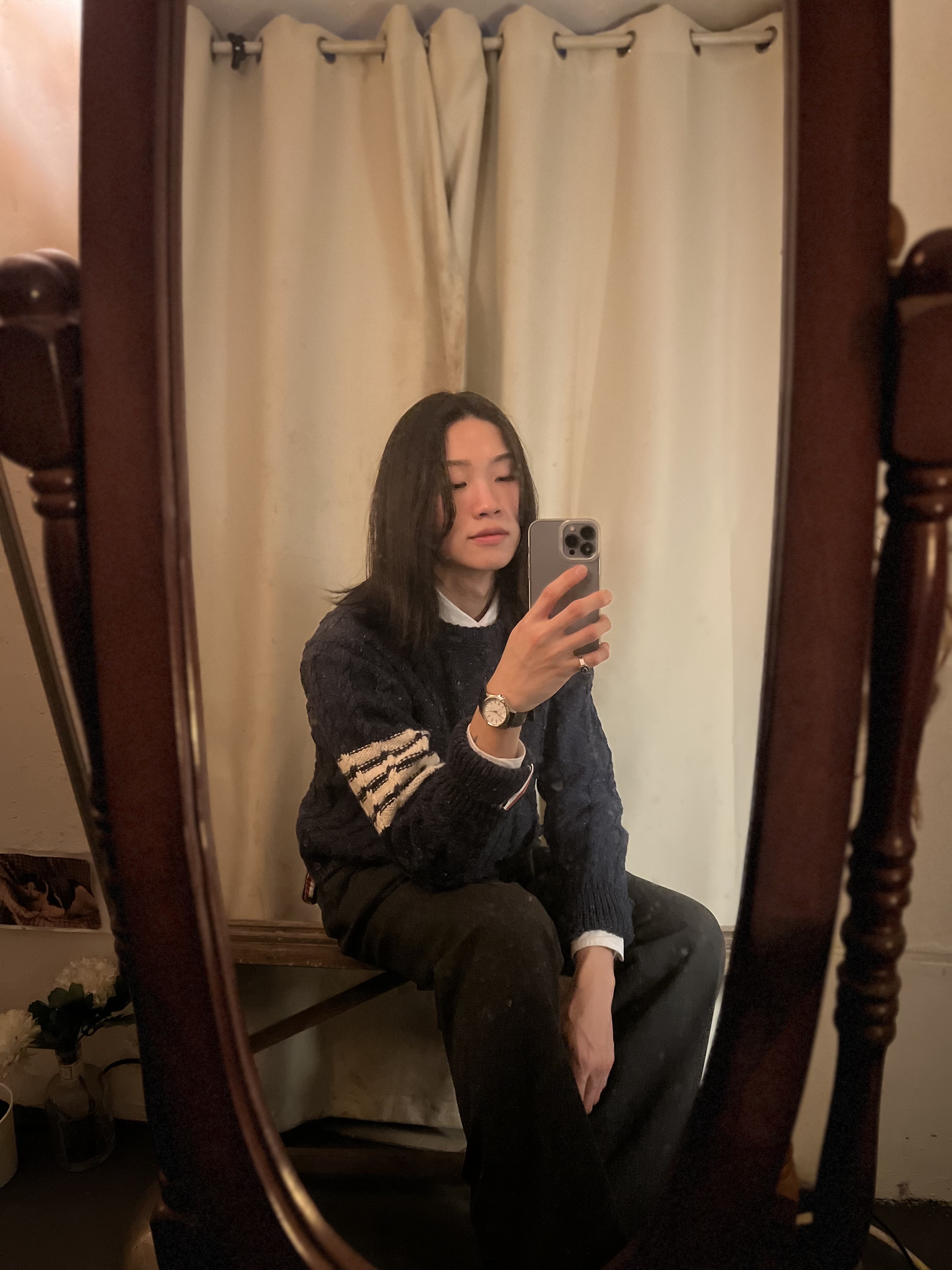 Thom Browne Donegal Twist Cable 4-Bar Classic Crewneck Pullover Blue 착용 스타일 - 3