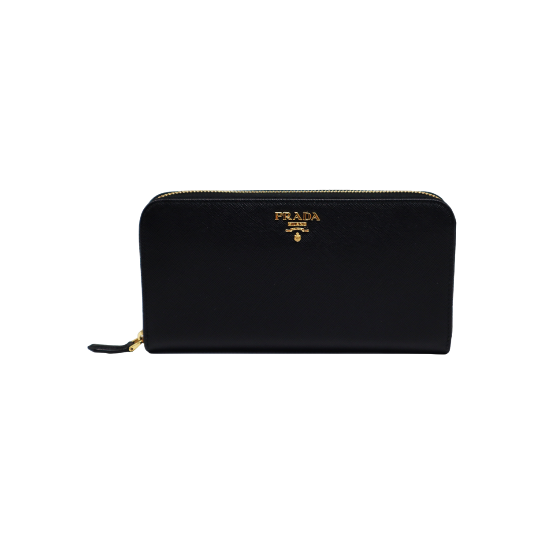 IT98VHURAA6G Prada 1ML506 Black Saffiano Leather Gold Logo Zip Wallet