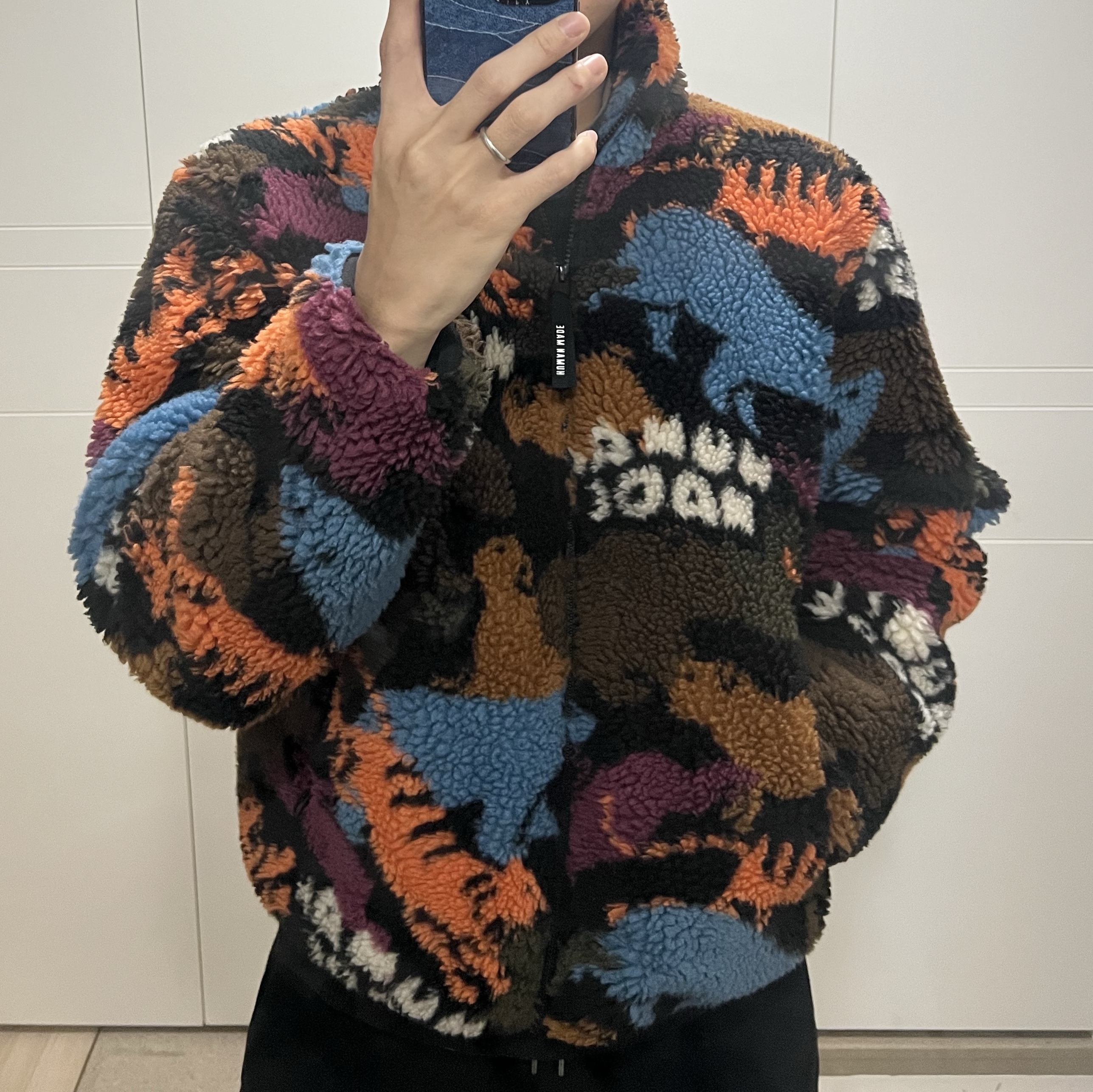 Human Made Animal Fleece Jacket Orange, Uniqlo x Needles Fleece Wide Pants Black - KR 착용 스타일 - 2
