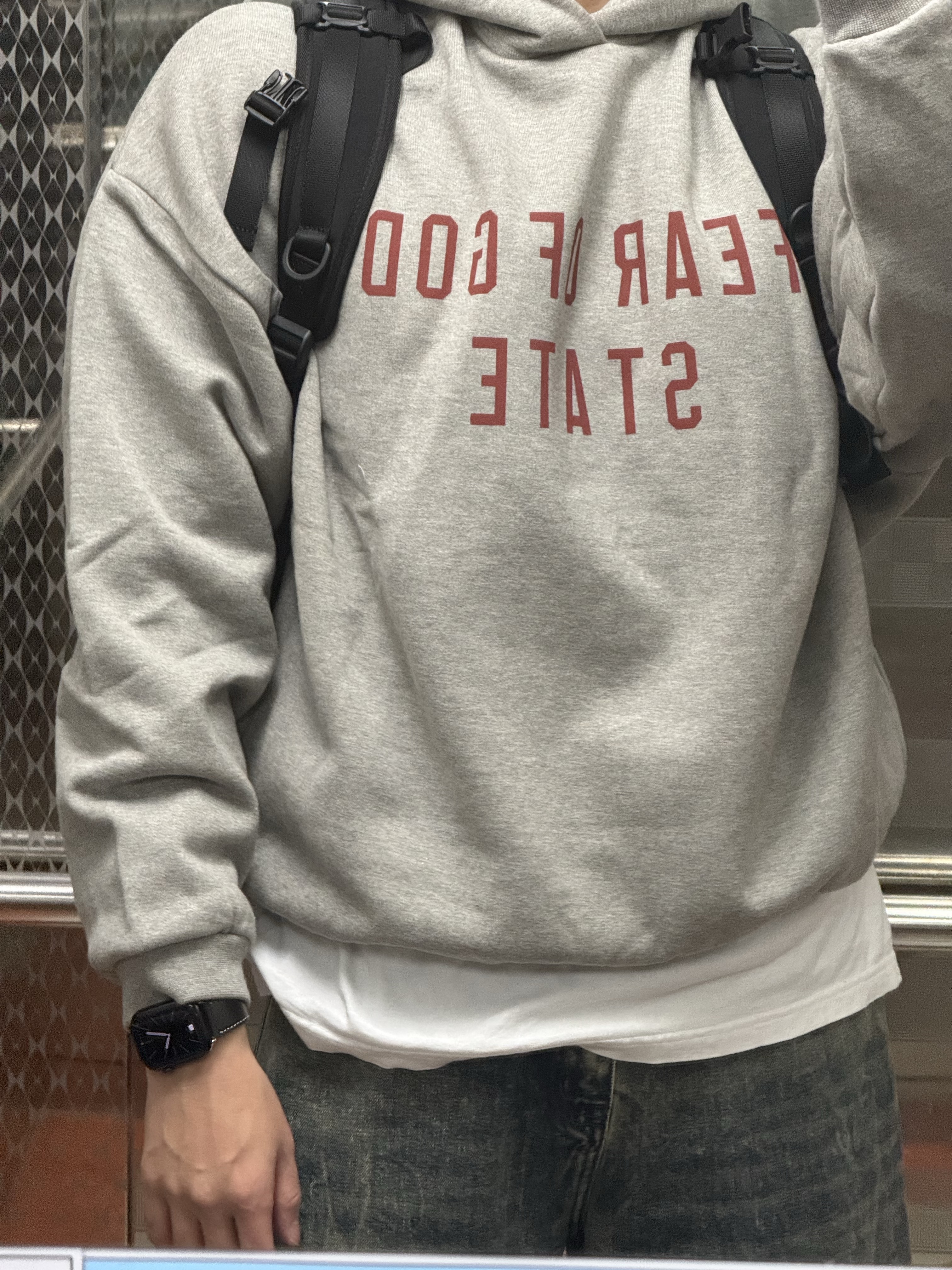 Essentials Fleece State Hoodie Dark Heather - 24FW, Millo Archive Reflect Curved Pants Oil Blue 착용 스타일