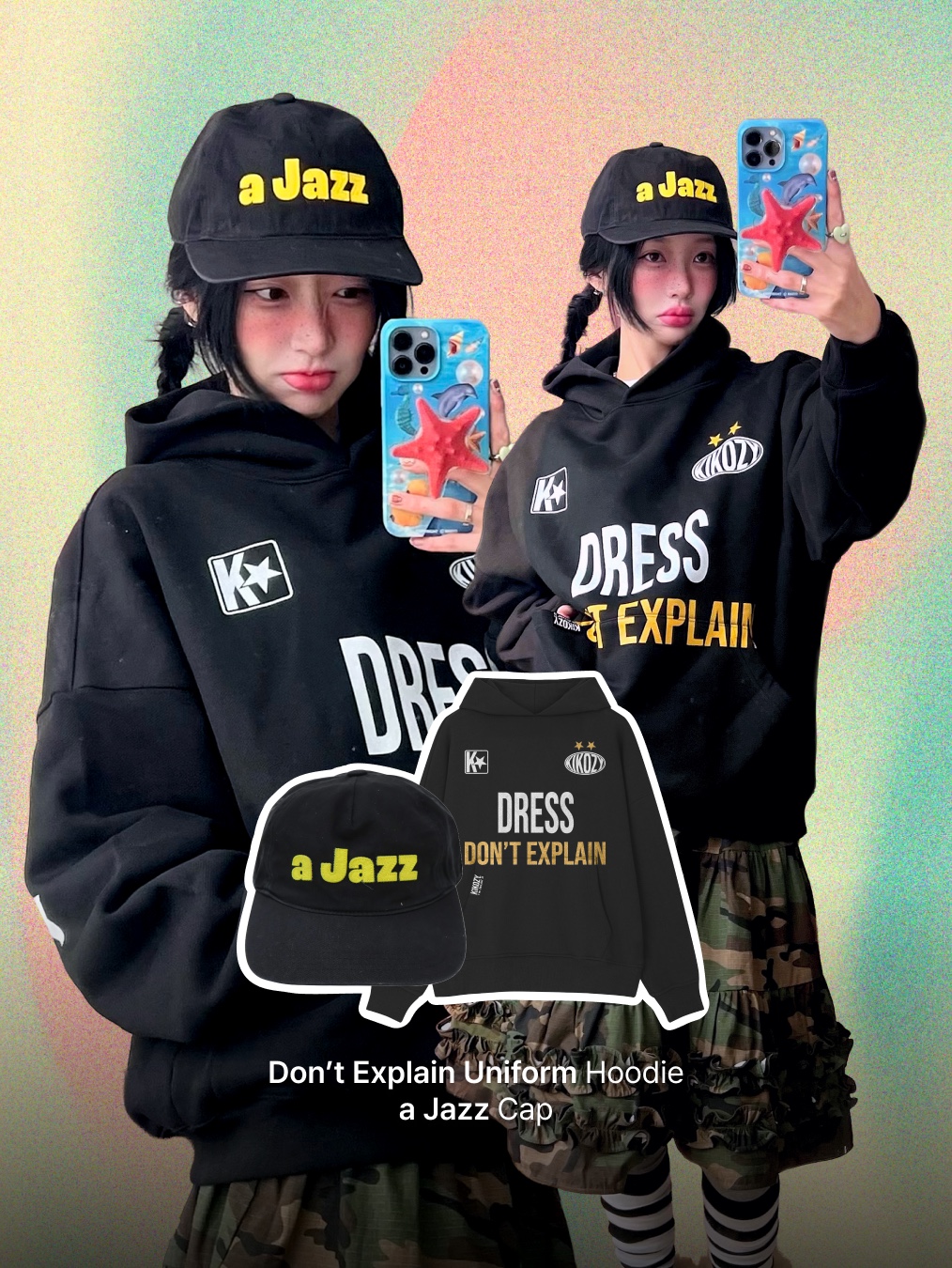 Kikozy KIkonald's Cap Ivory, Kikozy Dont Explain Visual Hoodie Yellow 착용 스타일 - 3