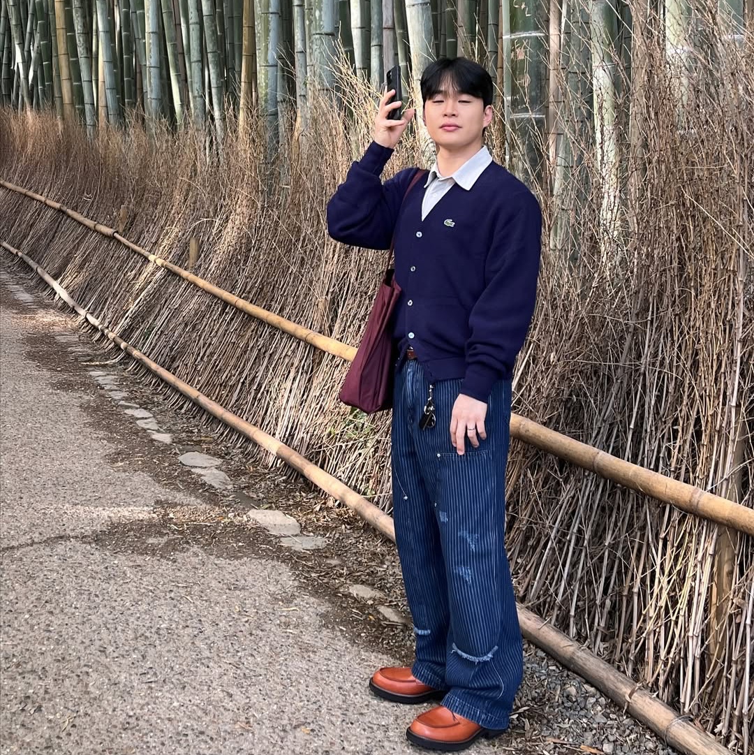 Mea Striped Carpenter Pants Indigo 착용 스타일 - 2