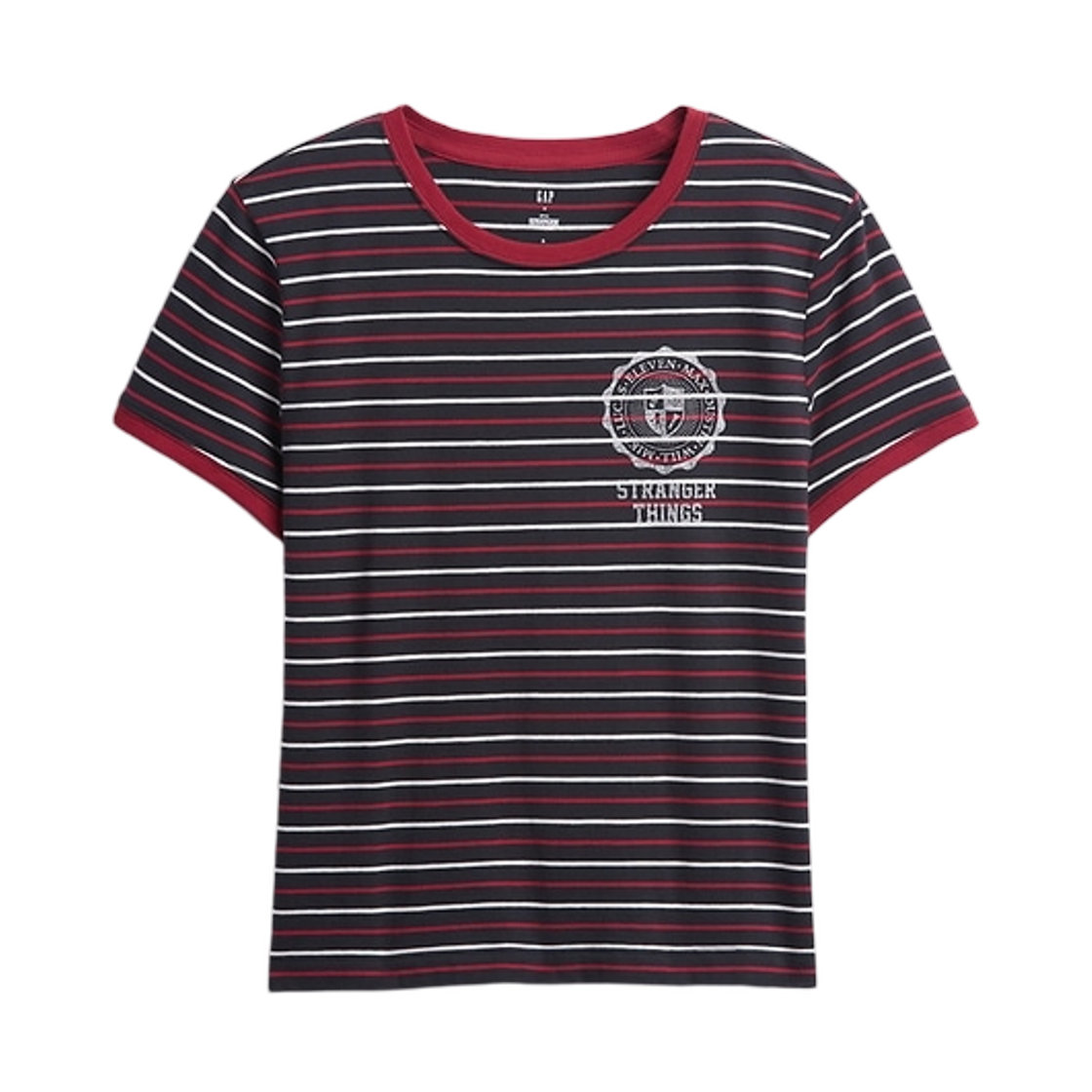 865220 (W) Gap x Stranger Things Organic Cotton VintageSoft Crop T-Shirt Red Multi Stripe