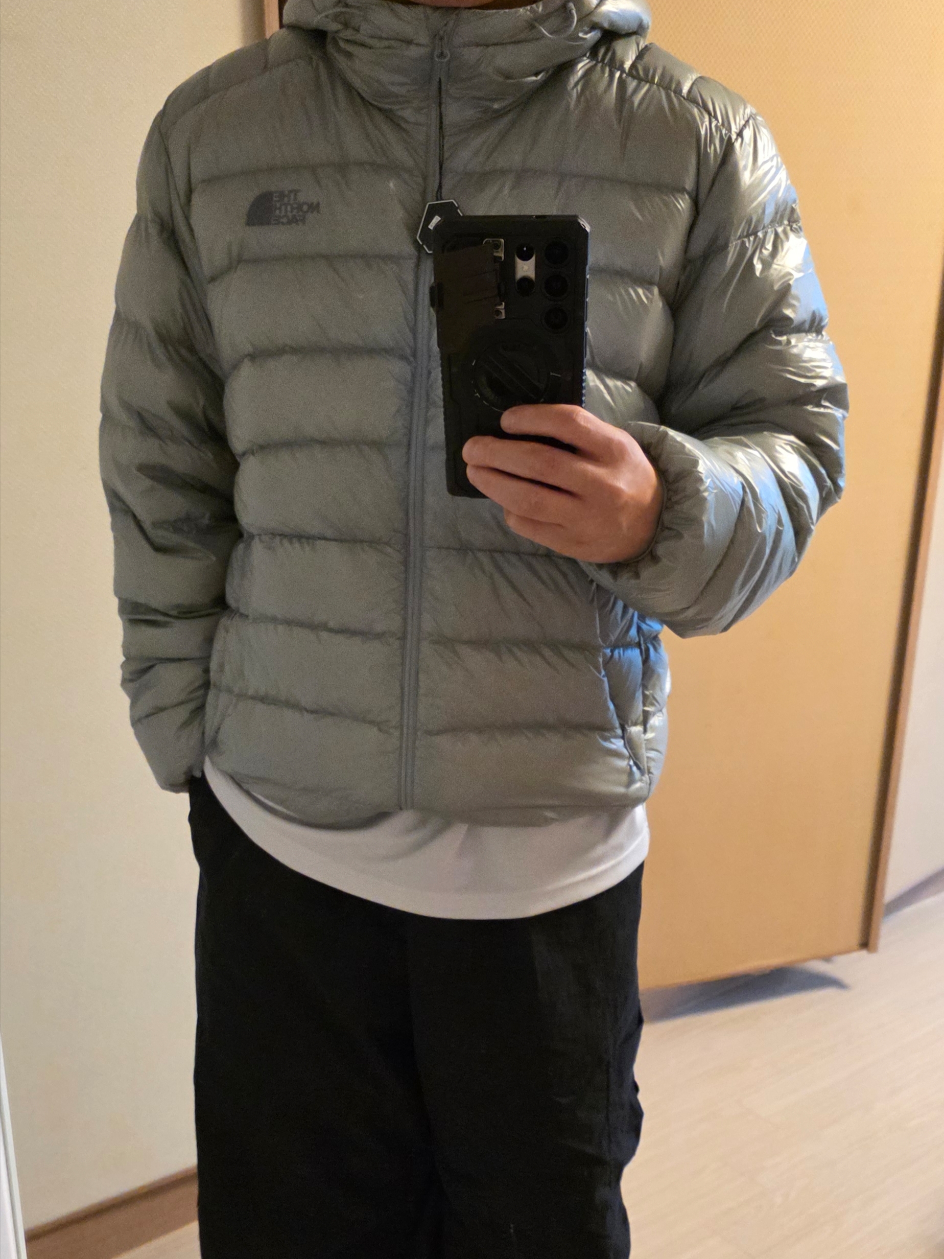 The North Face Matier EX RDS Down Hoodie Light Gray - 25FW 착용 스타일
