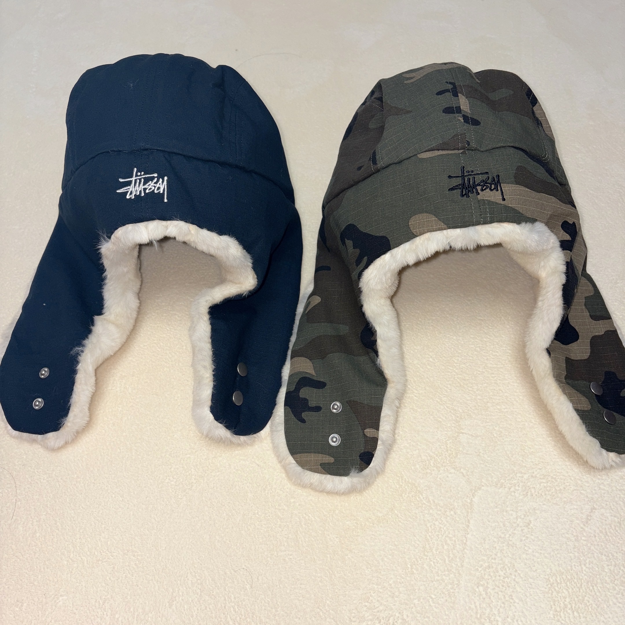 Stussy Ripstop Trapper Cap Navy, Stussy Ripstop Trapper Cap Camo 착용 스타일