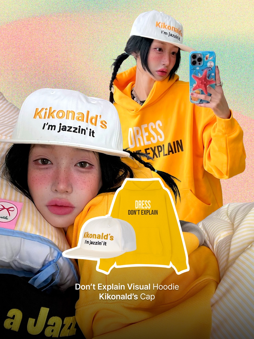 Kikozy KIkonald's Cap Ivory, Kikozy Dont Explain Visual Hoodie Yellow 착용 스타일 - 2