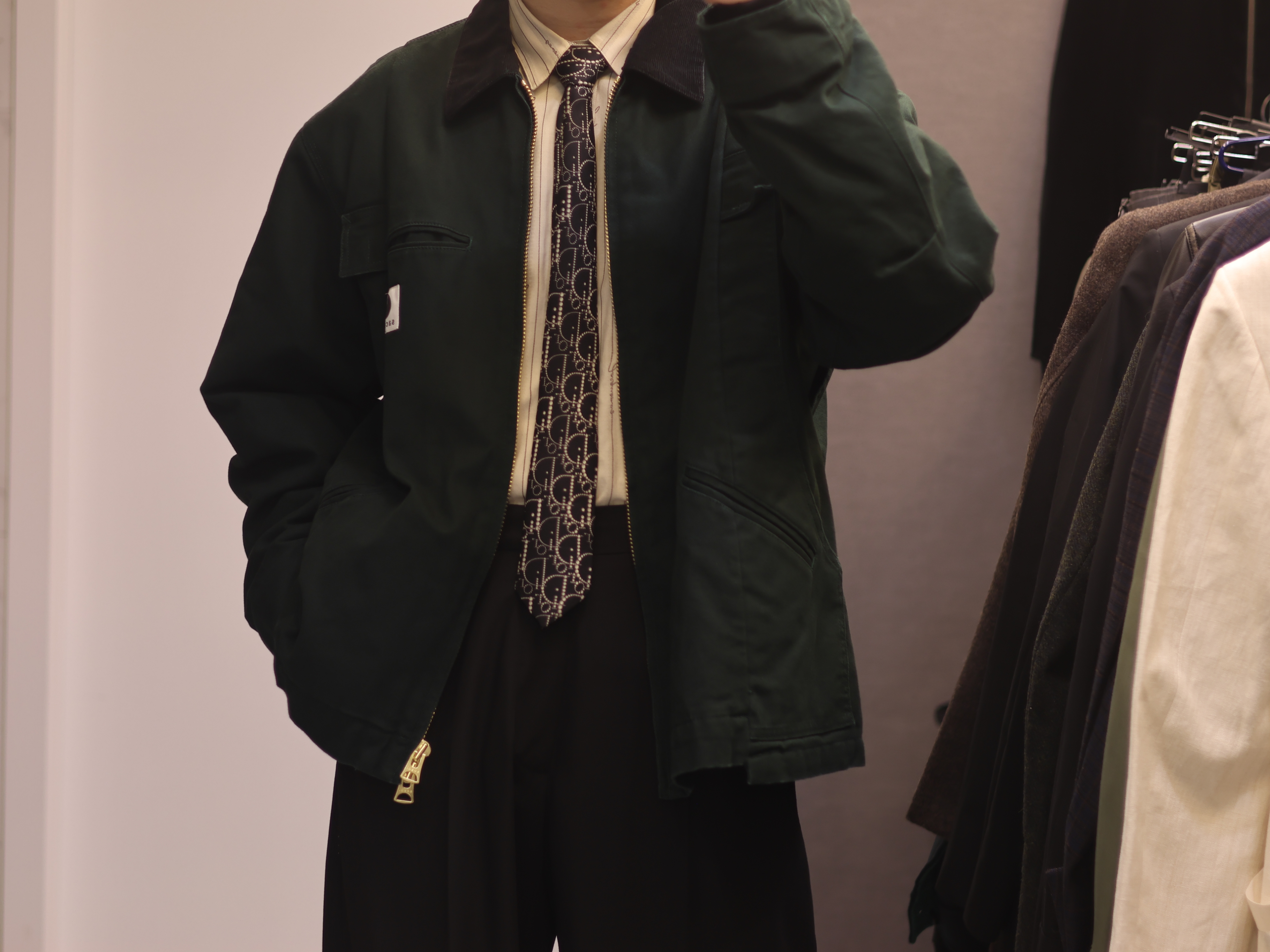 Sacai x Carhartt WIP Washed Duck Hooded Blouson Dark Beige, Sacai x Carhartt WIP Duck Jacket Dark Beige 착용 스타일 - 5